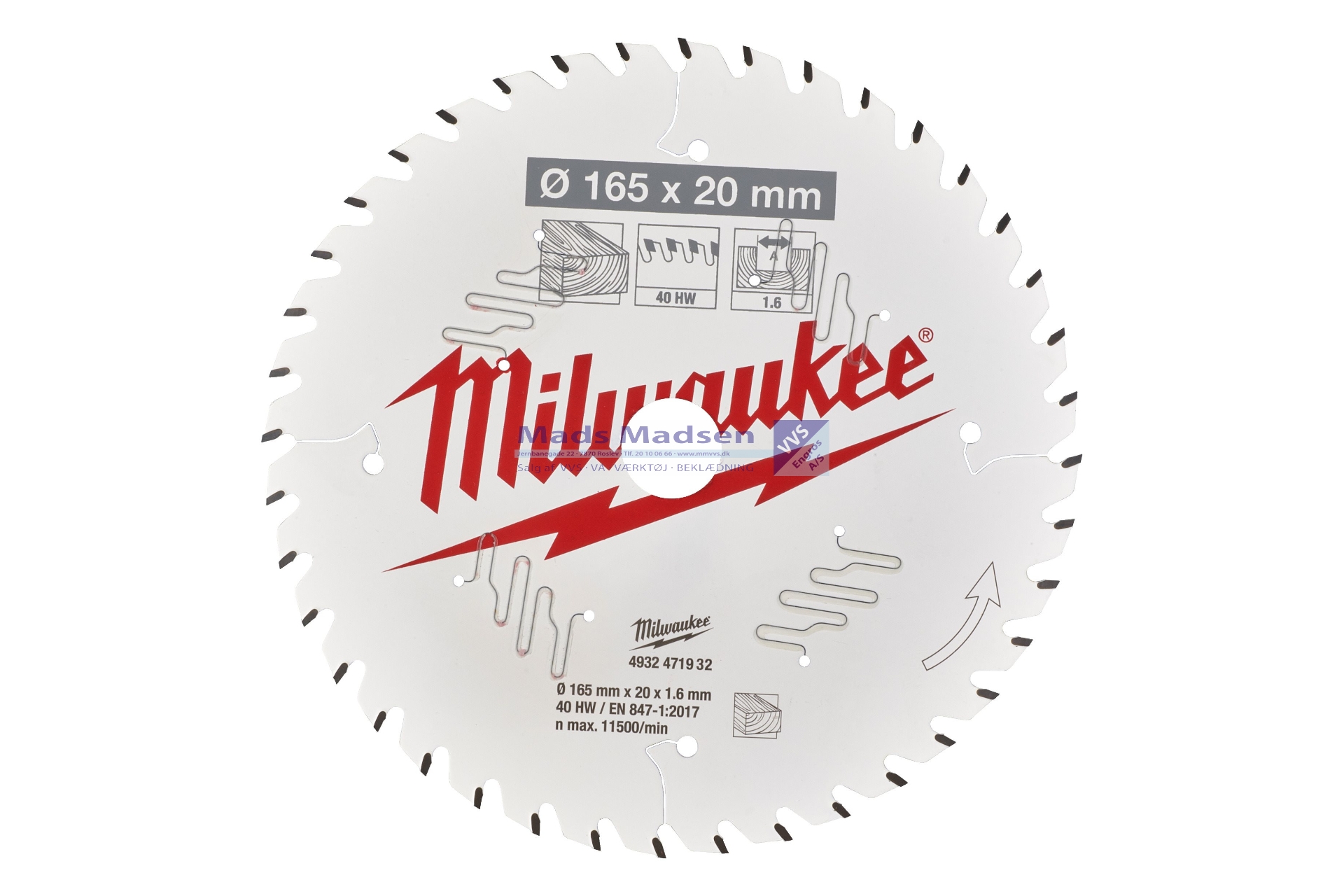 Milwaukee Rundsavklinge 165mm x 1,6 x 40 td. Ø20 4932471932 *NETTOPRIS*