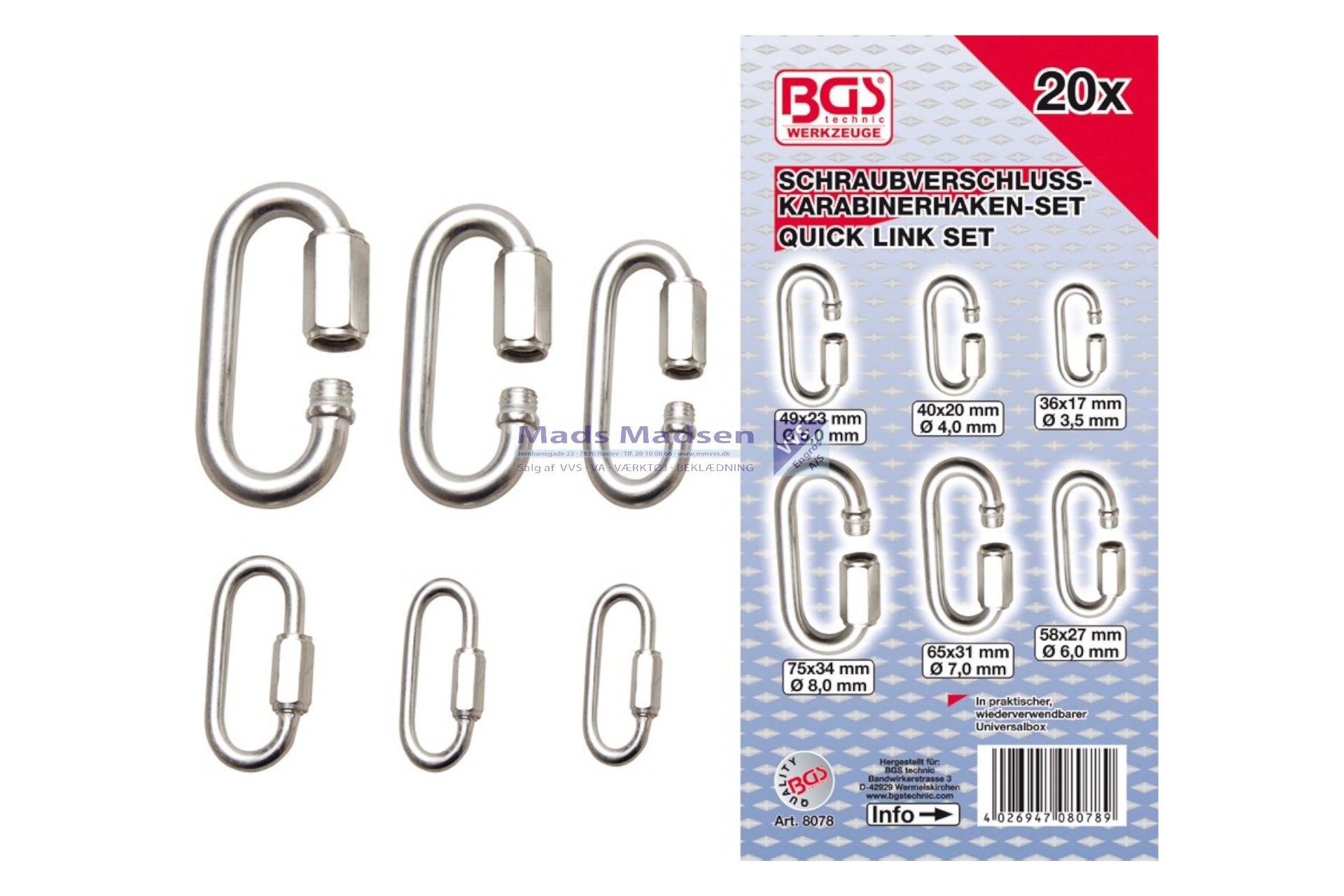 BGS Karabinhage Sortiment galv. 3,5 - 8mm 20 dele *NETTOPRIS*
