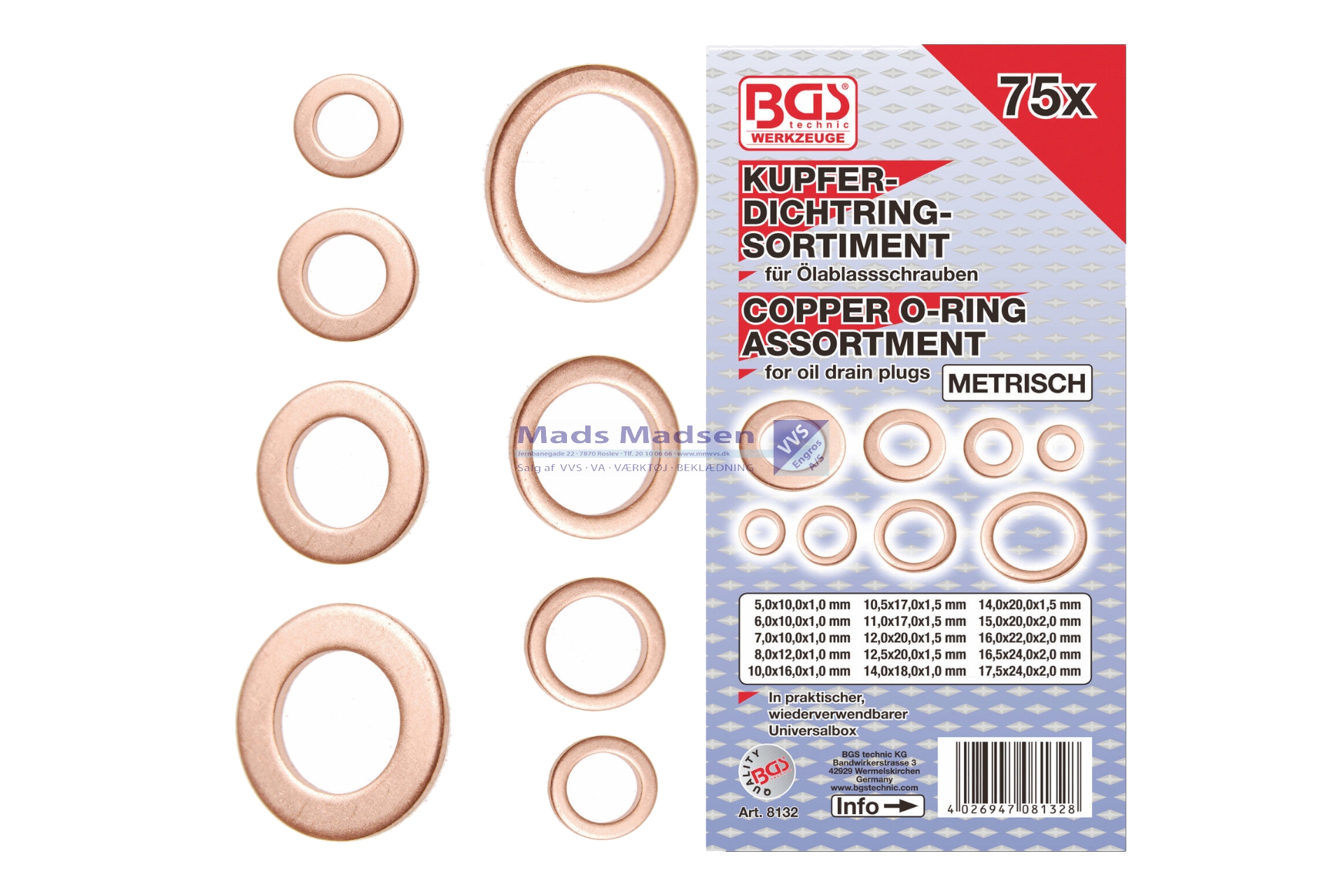 BGS Kobberskivesortiment 5-17,5mm 75 dele *NETTOPRIS*