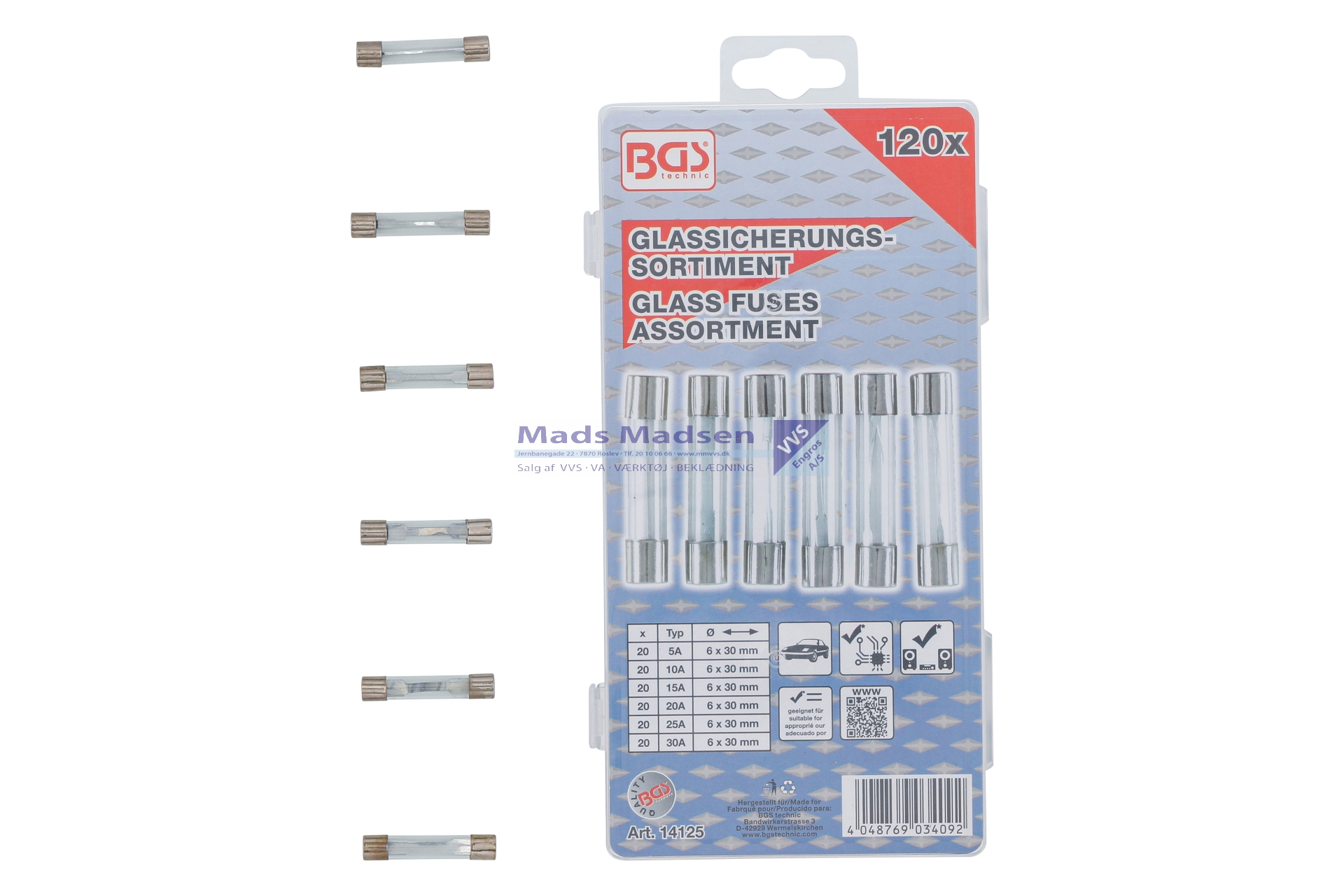 BGS Finsikringssortiment 6 x 30mm 5-10-15-20-25-30A 120 dele *NETTOPRIS*