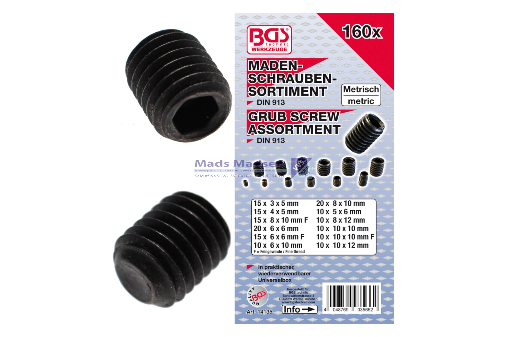 BGS Pinolskruesortiment 3-10mm 160 dele *NETTOPRIS*