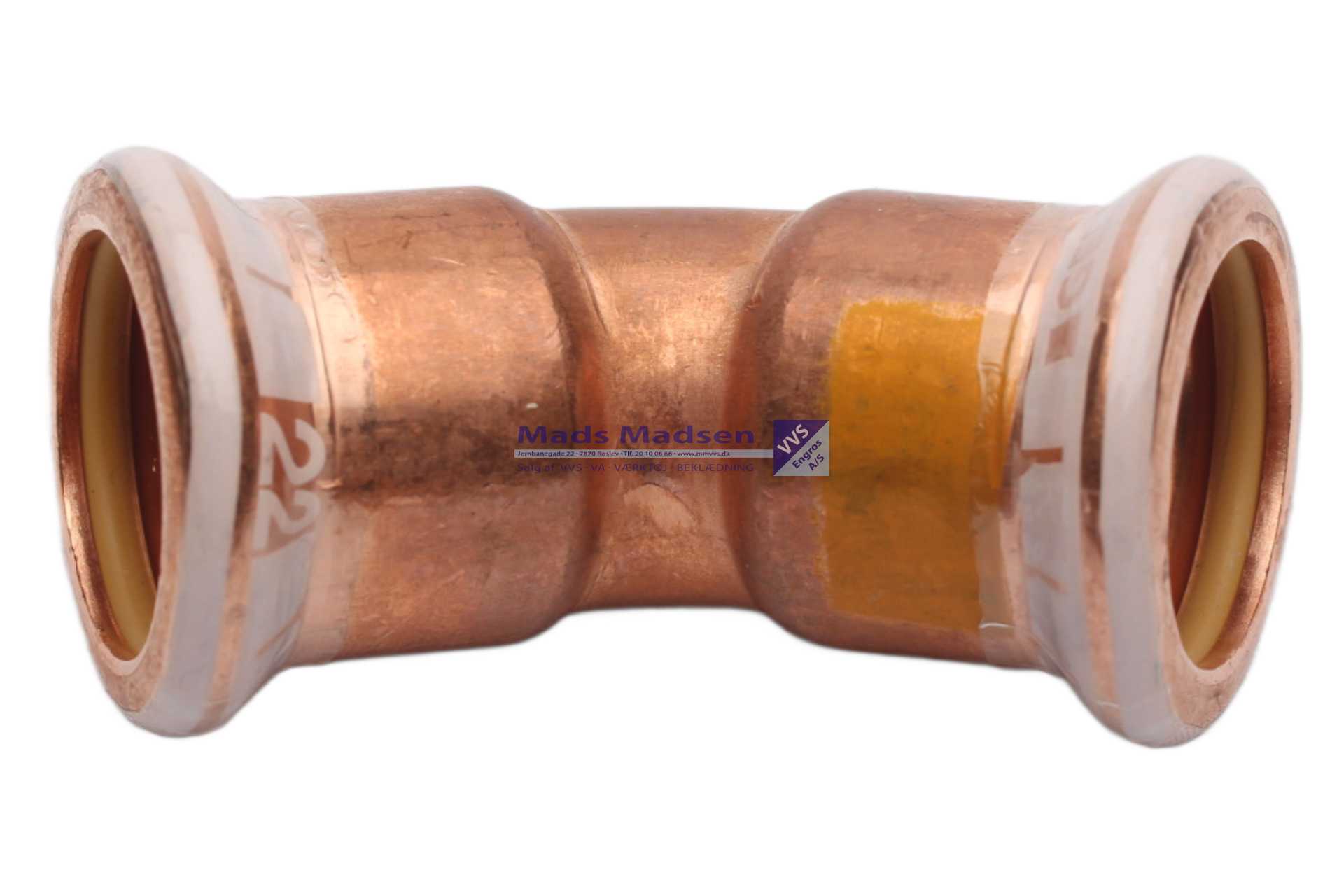 22mm kobber pres bøjn pm/pm 45gr M-bakke til gas