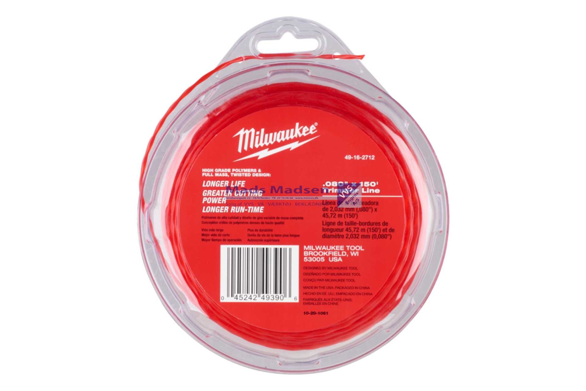 Milwaukee Trimmertråd til græstrimmer 2 mm x 45 m. 49162712 *NETTOPRIS*
