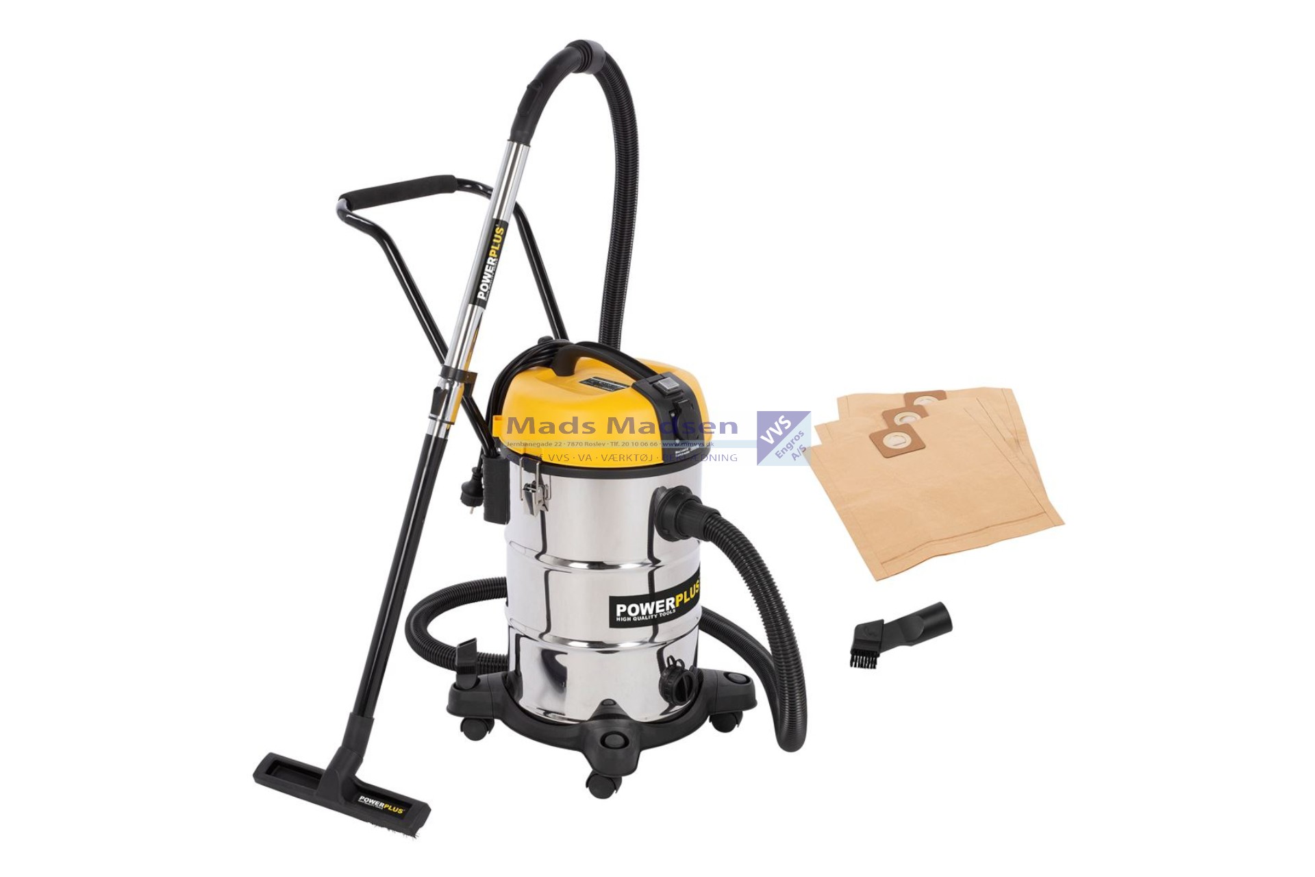 Powerplus Våd/Tør Støvsuger 30 ltr. rustfri tank 1200W m/ blæsefunk. AUTO START/STOP f/el-værktøj *NETTOPRIS*