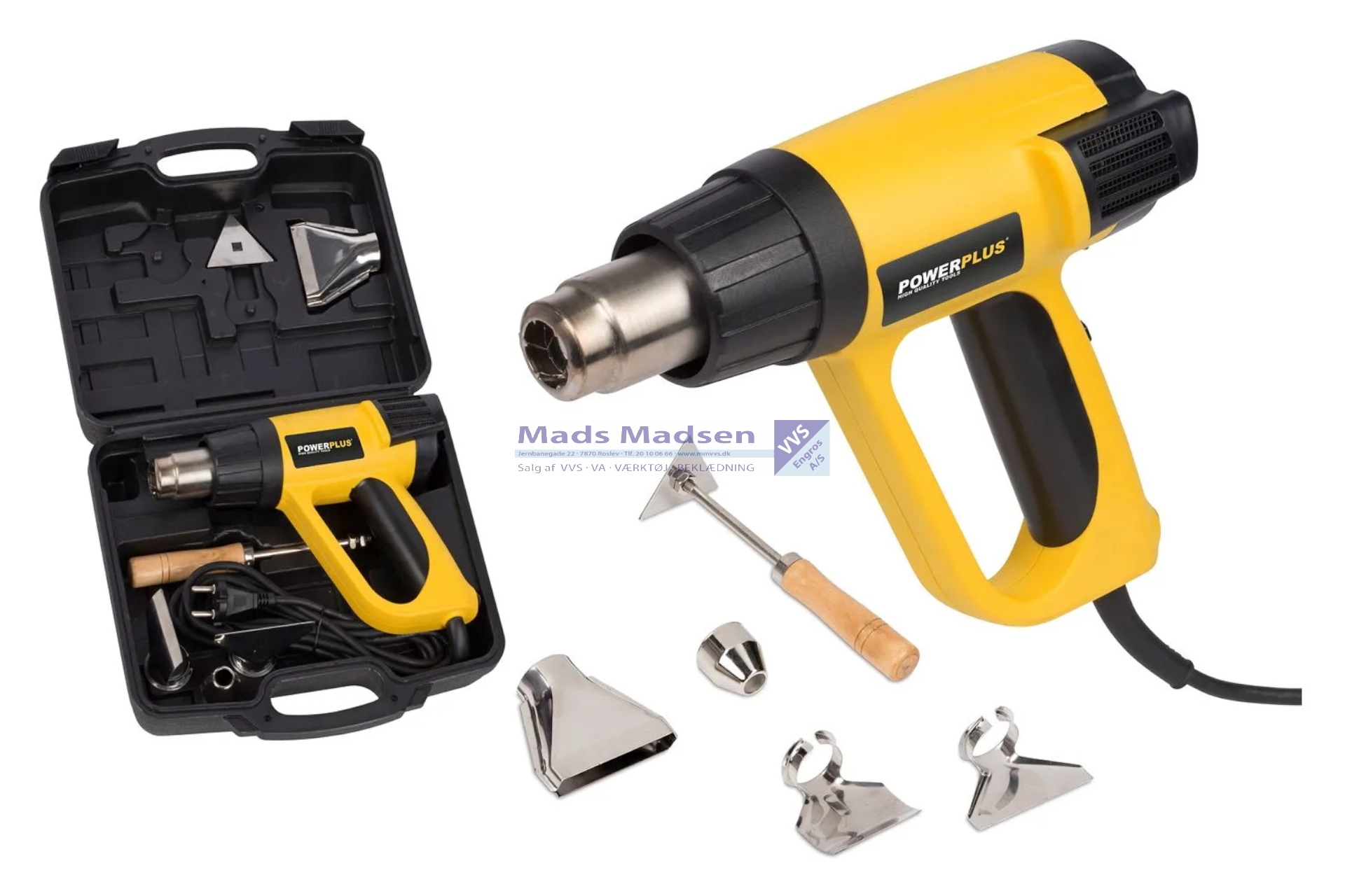 PowerPlus Varmepistol 2000W 230V med termostat 630° i kuffert *NETTOPRIS*