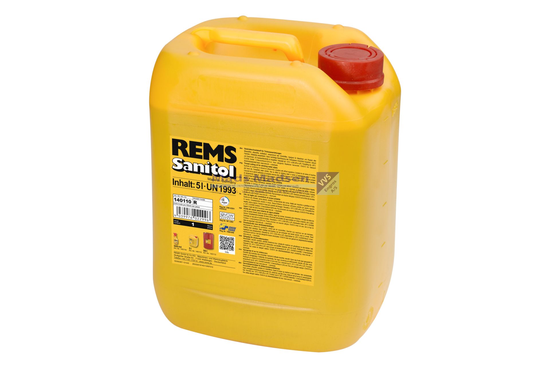 Rems Sanitol syntetisk skæreolie VA godk. á 5 ltr 140110R UN 1950 - Farekl.2 - RØD (S)