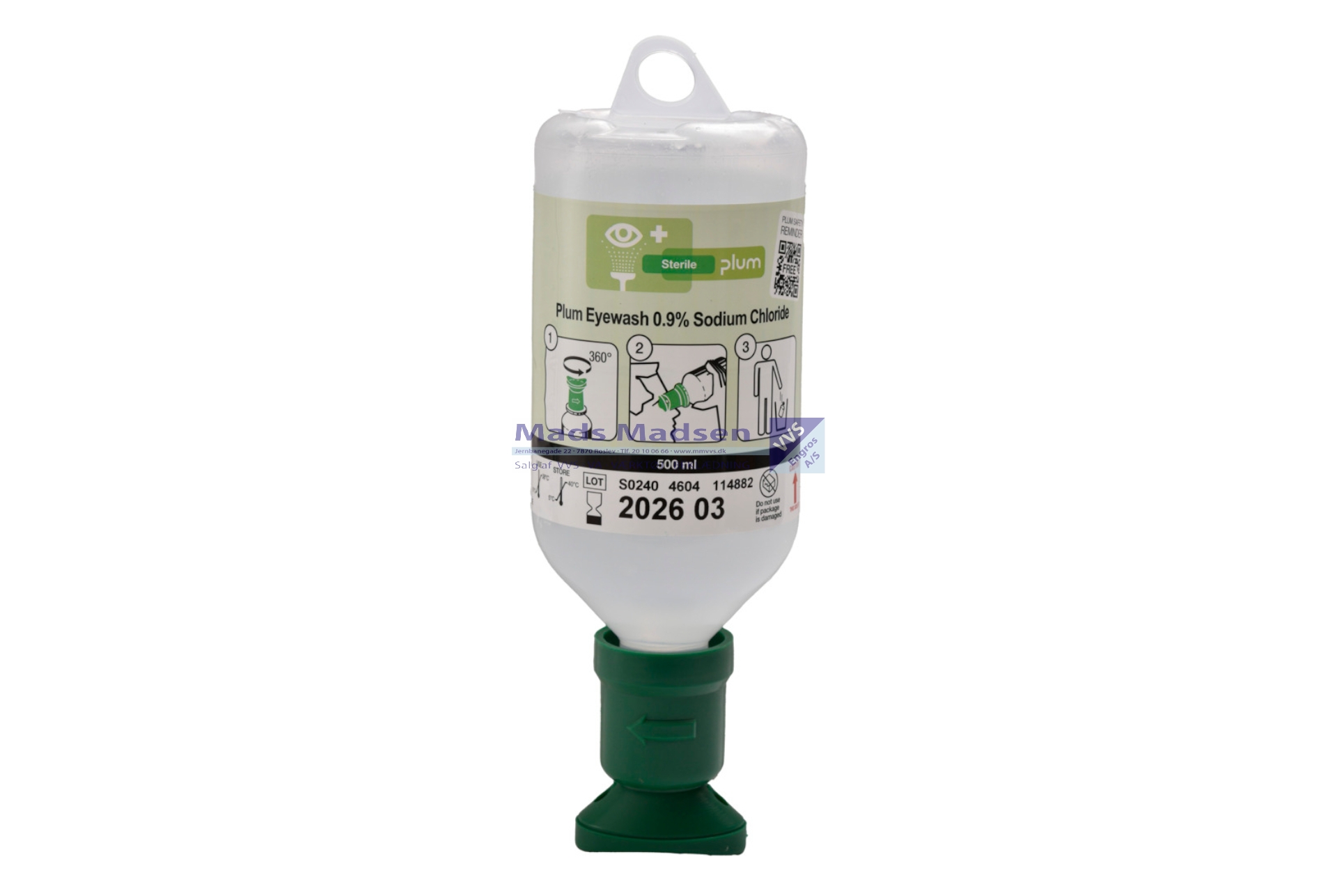Øjenskylleflaske m/ sterilt saltvand 0,5 ltr