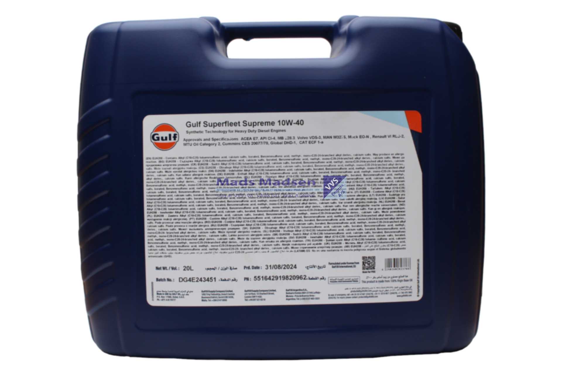 GULF Superfleet Supreme 15W-40 Fuldsyntetisk Motorolie ACEA E7 20 liter til lastbiler m./ EGR og ECR systemer (incl. afgift) *NETTOPRIS*