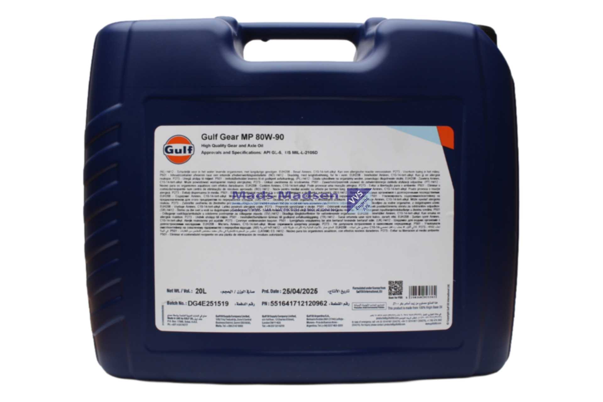 GULF Gear MP 80W-90 Gearolie 20 liter til lastbiler (incl. afgift) *NETTOPRIS*