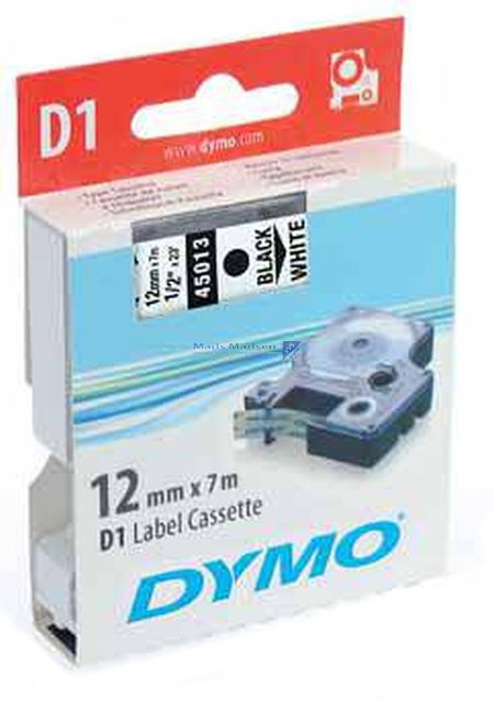 Tapekassette DYMO D1 12mm x 7 mtr. SORT/HVID
