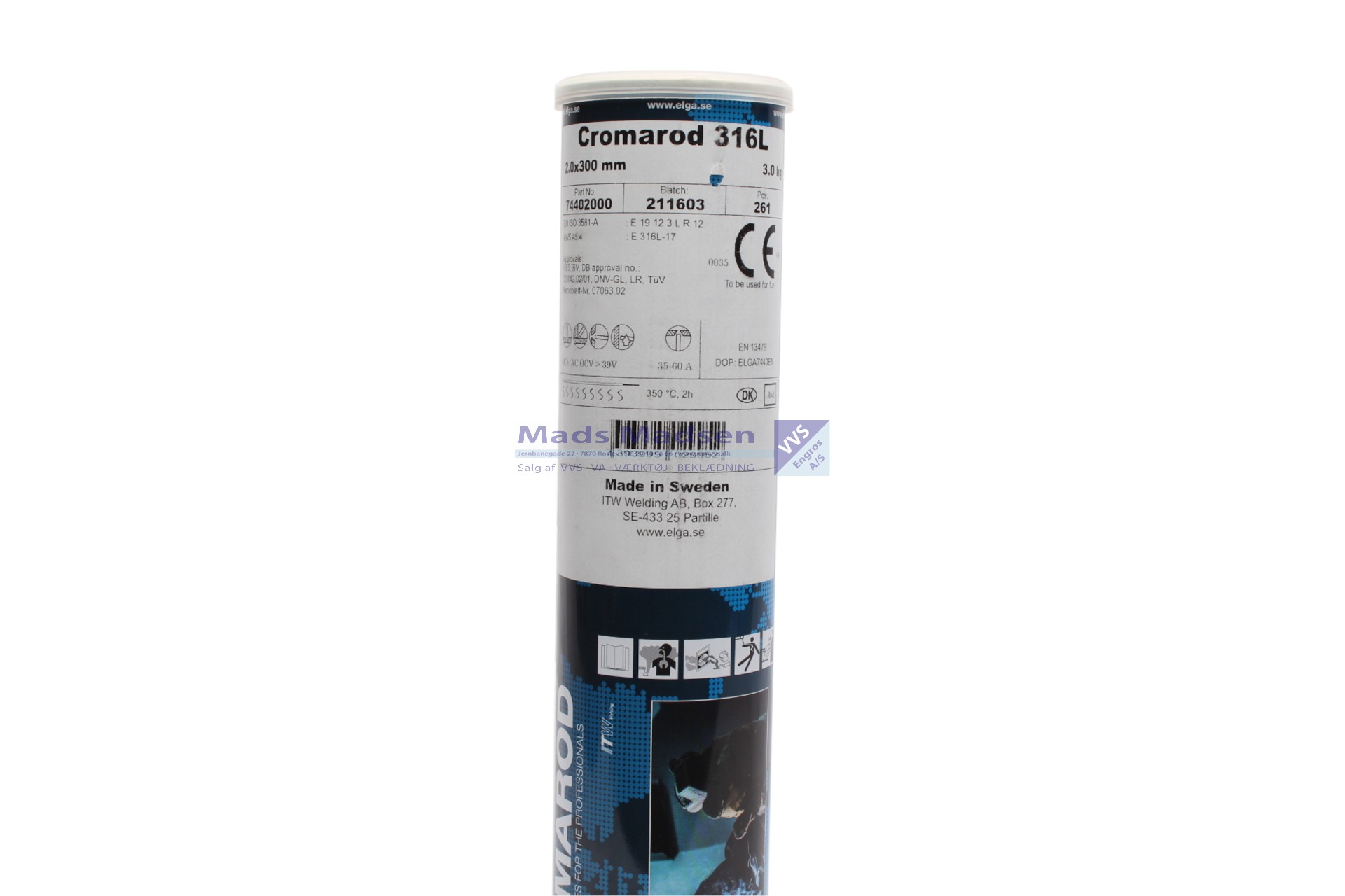 Elektroder ELGA (63.30) 2,0 x 300 mm 3,0kg/pk. RUSTFRI 316L  incl.afgift