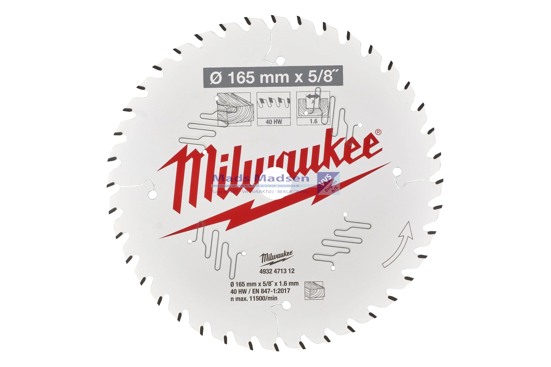 Milwaukee Rundsavklinge 165mm x 1,6 x 40 td. Ø15,8 4932471312 *NETTOPRIS*