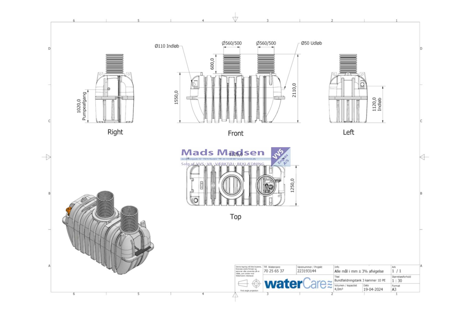 Watercare bundfældningstank 10PE 4000l m/flygt DXM 35-5, inkl. 2 X opføringsrør - Image 2