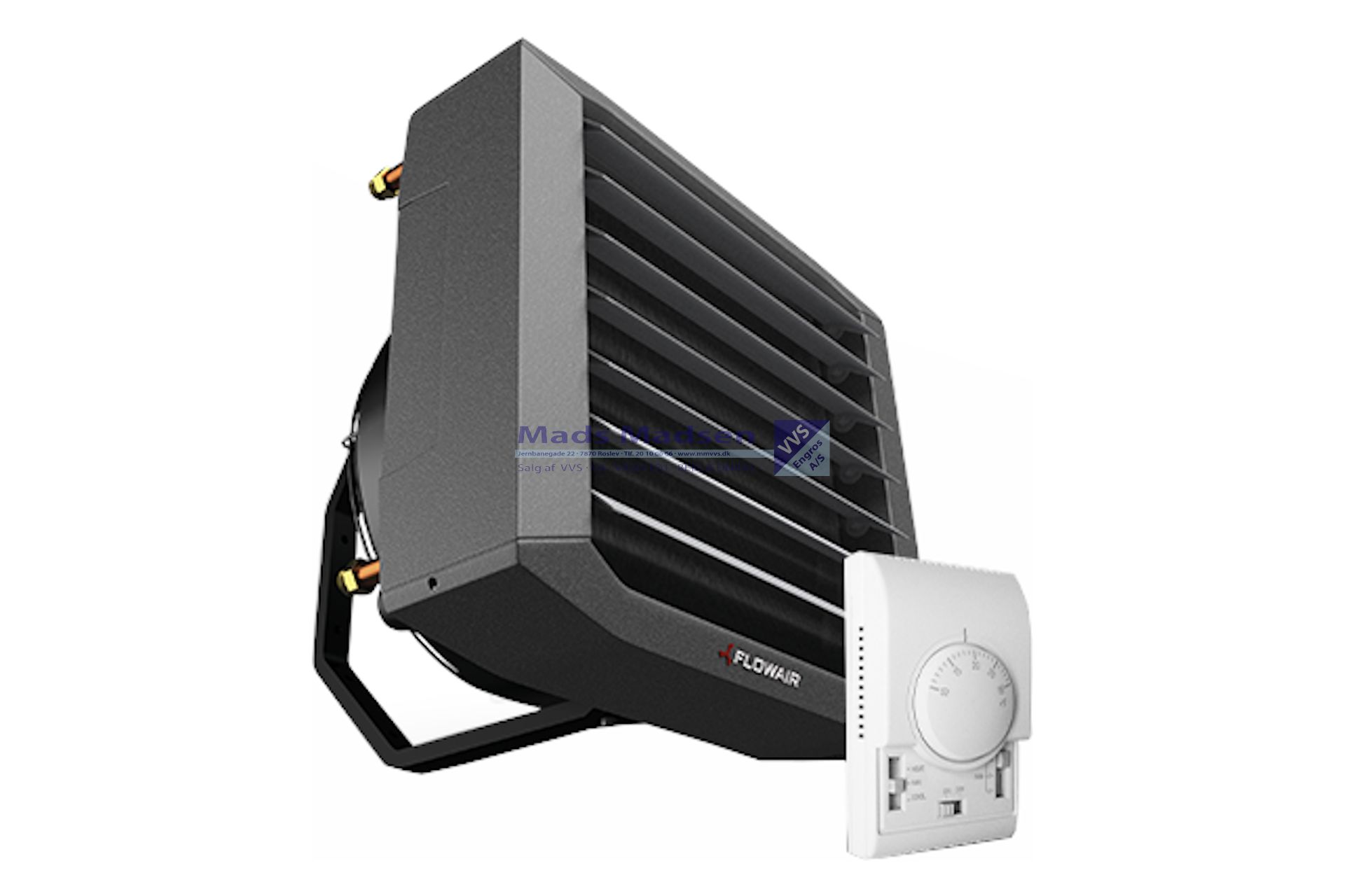 LEO L3 3-trins varmeventilator 230v 26,3 kW (70/50-15C) 19,1 kW (60/40-15C) max 3400 m3/t m/ 3/4" nippel incl. universal smart-beslagtil væg eller loft montage