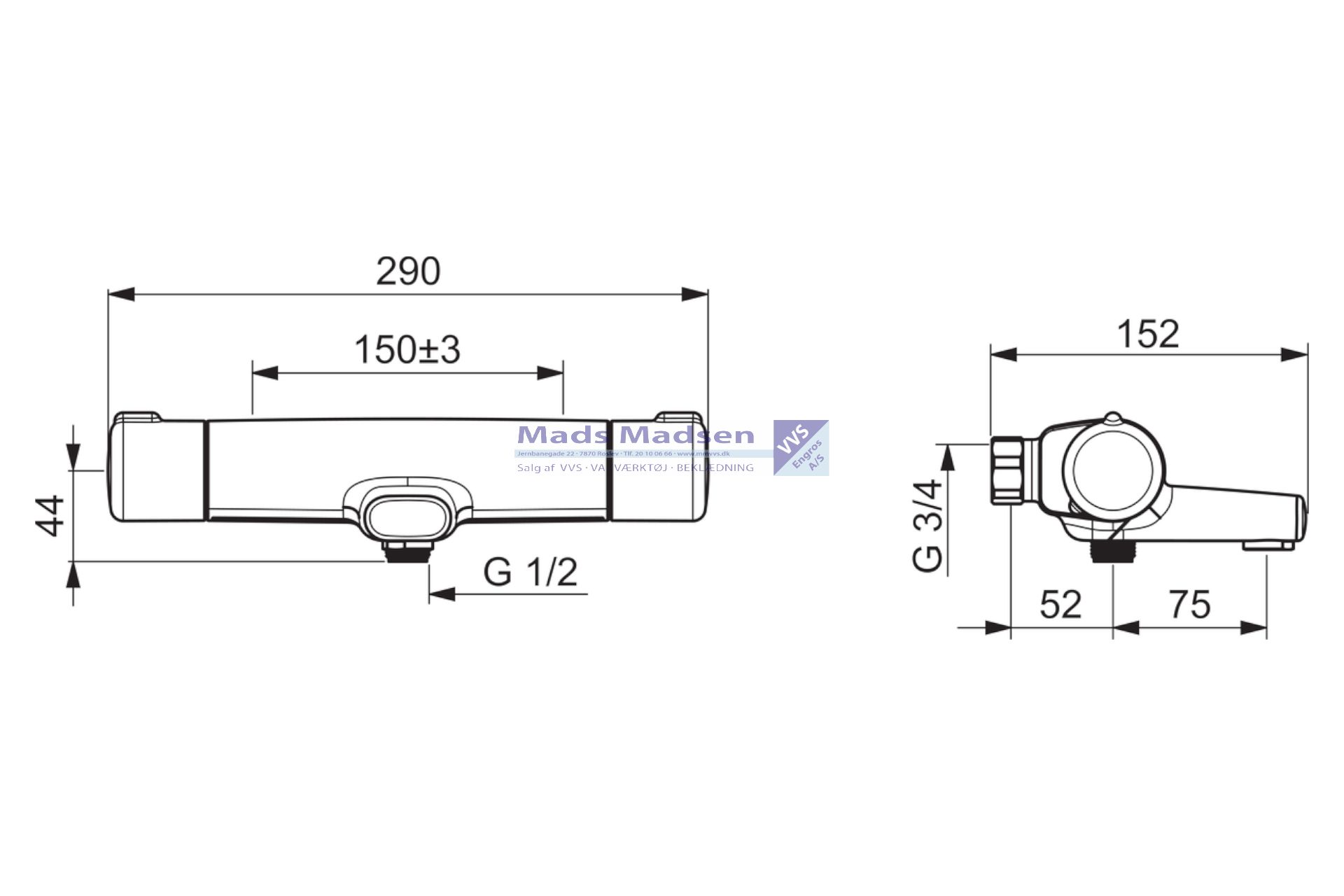 Oras Nova krom kar- og brusetermostat med 1/2" studs fremspring 152mm 7462 (S) - Billede 2