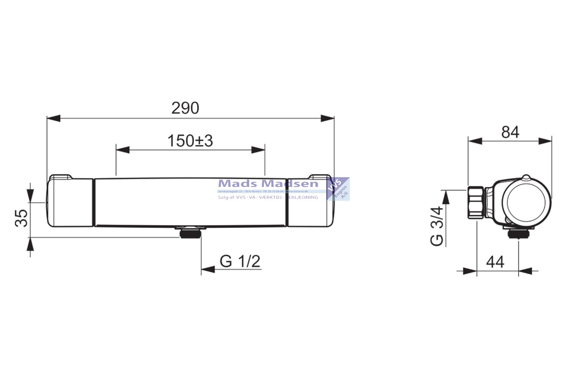 Oras Nova krom Brusetermostat 1/2" studs fremspring 44mm 7460 - Billede 2
