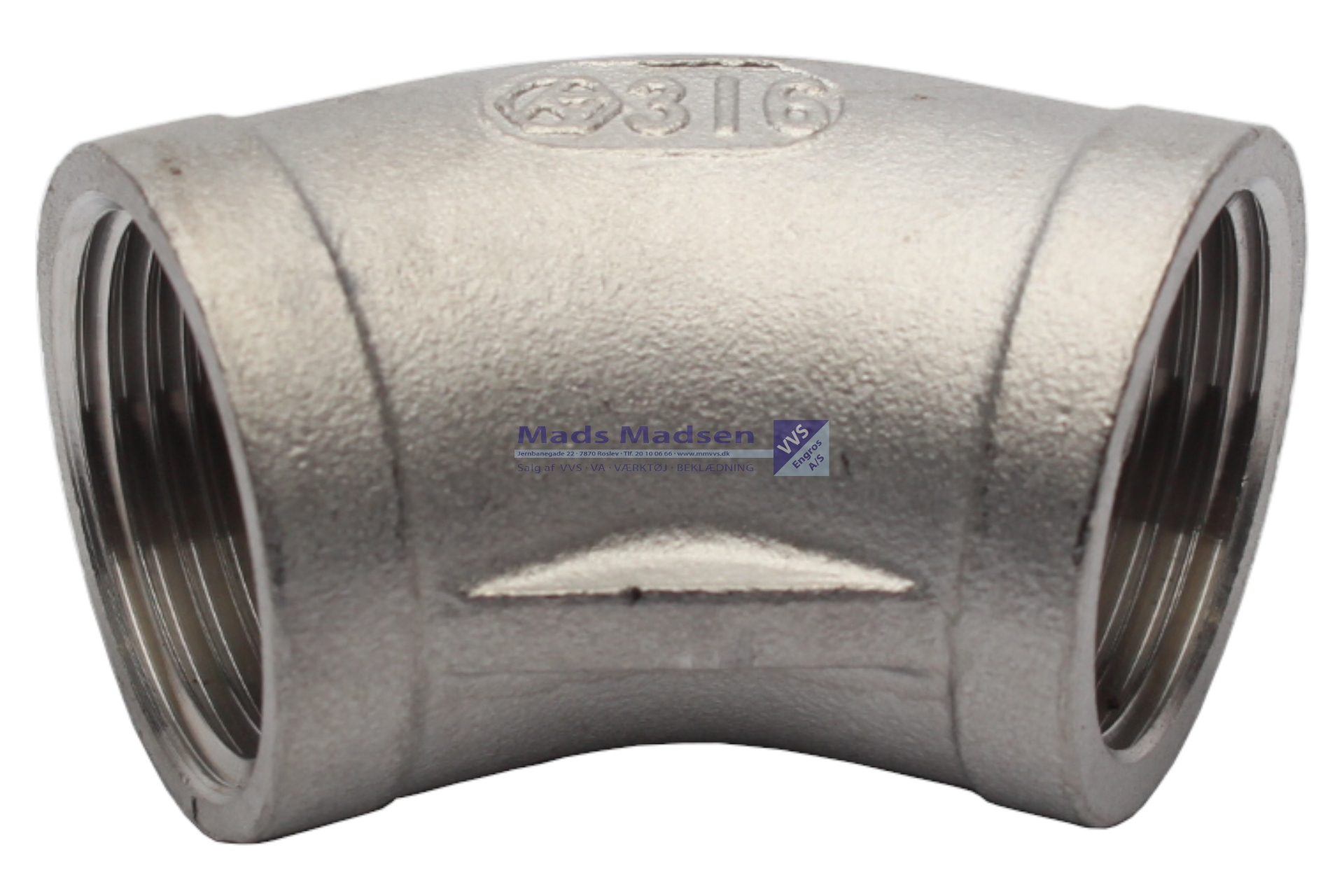 1 1/4" rustfri/syrefast vinkel m/m 45gr 316L