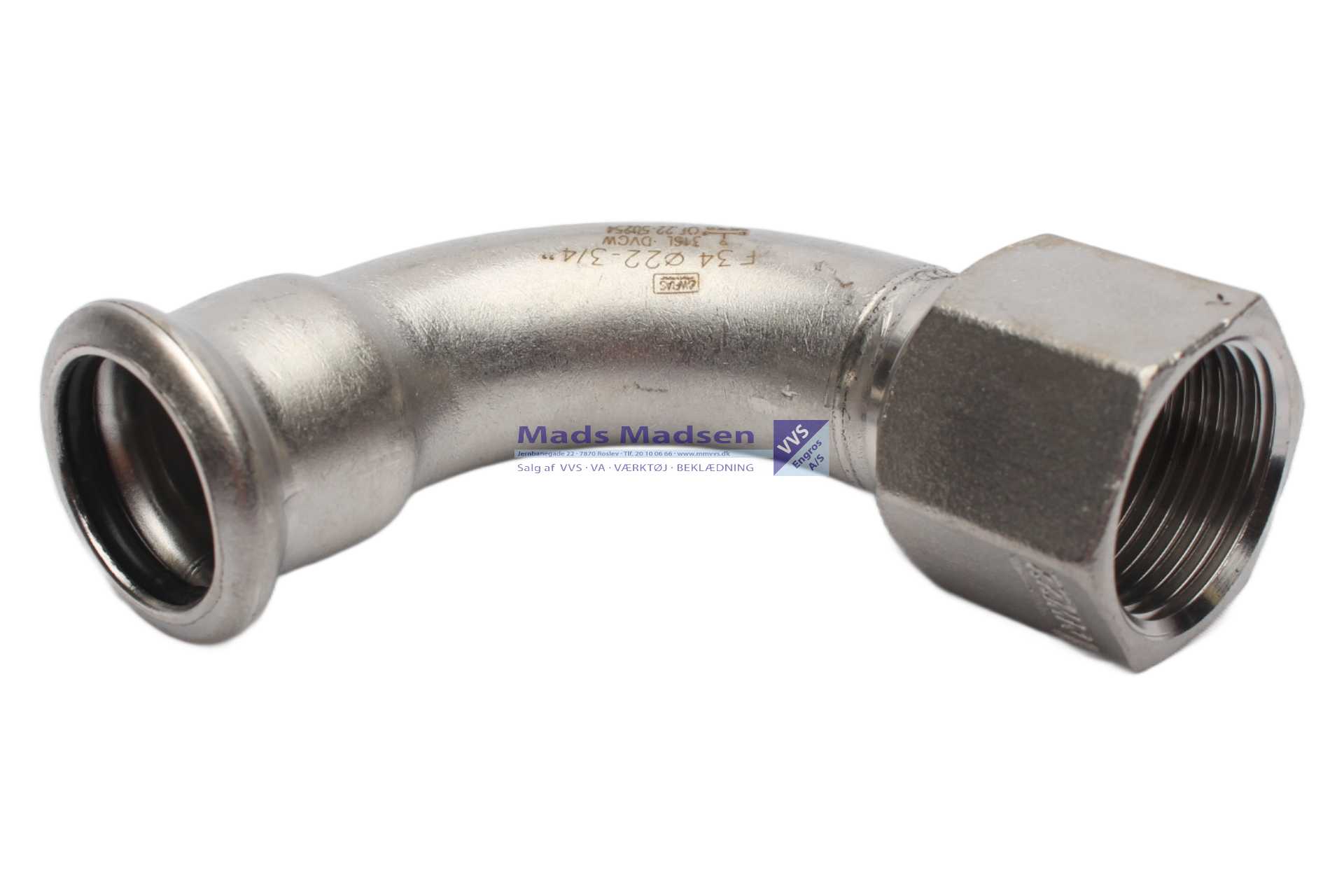 22mm x 3/4" RF/SF pres overg. bøjn. 90° pm/m M-bakke 316L