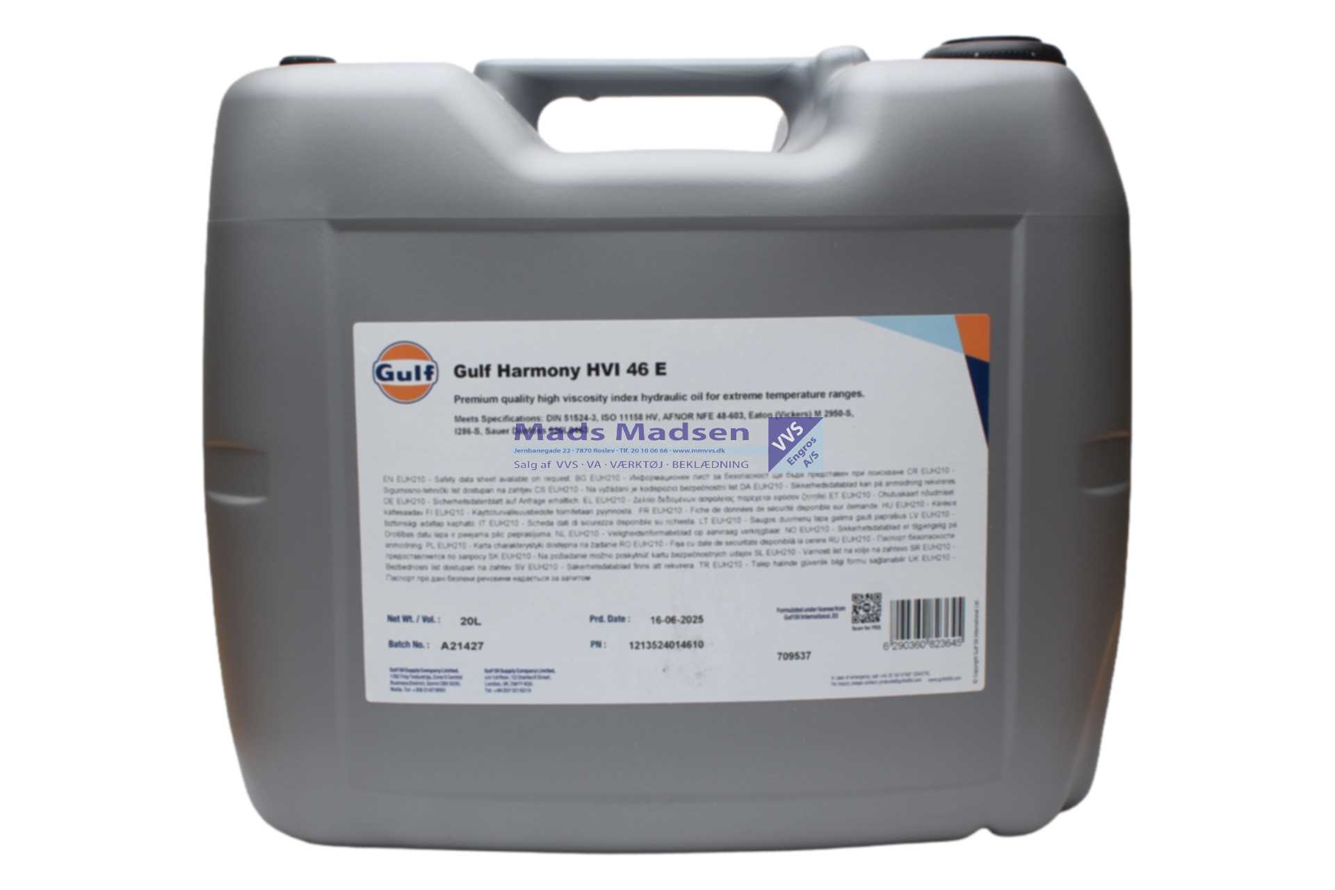 GULF Harmony HVI 46 Hydraulik olie 20 Liter (incl. afgift) *NETTOPRIS*