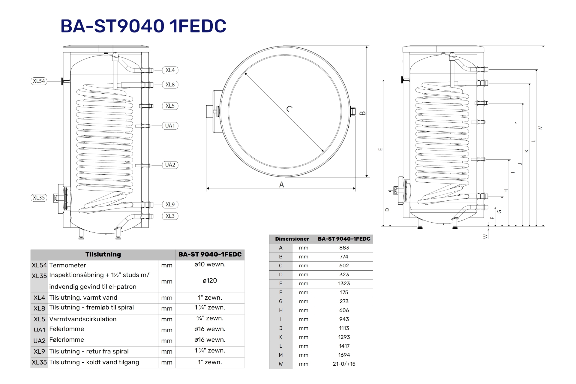 Vølund 400ltr V.V.beholder BA-ST9040 1FEDC m/1 sprial f/varmepumpe 080100 (S) - Billede 2