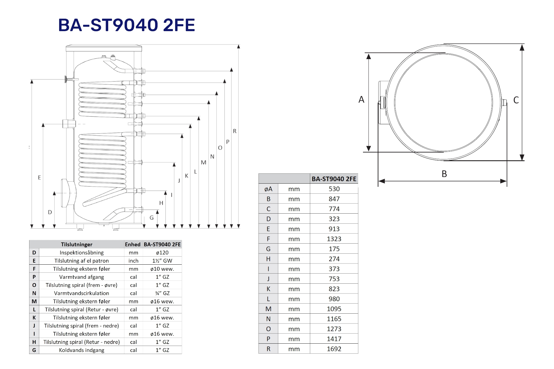 Vølund 400ltr V.V.beholder BA-ST9040 2FE m/2 sprialer f/sol- & centralvarme 080106 (S) - Billede 2