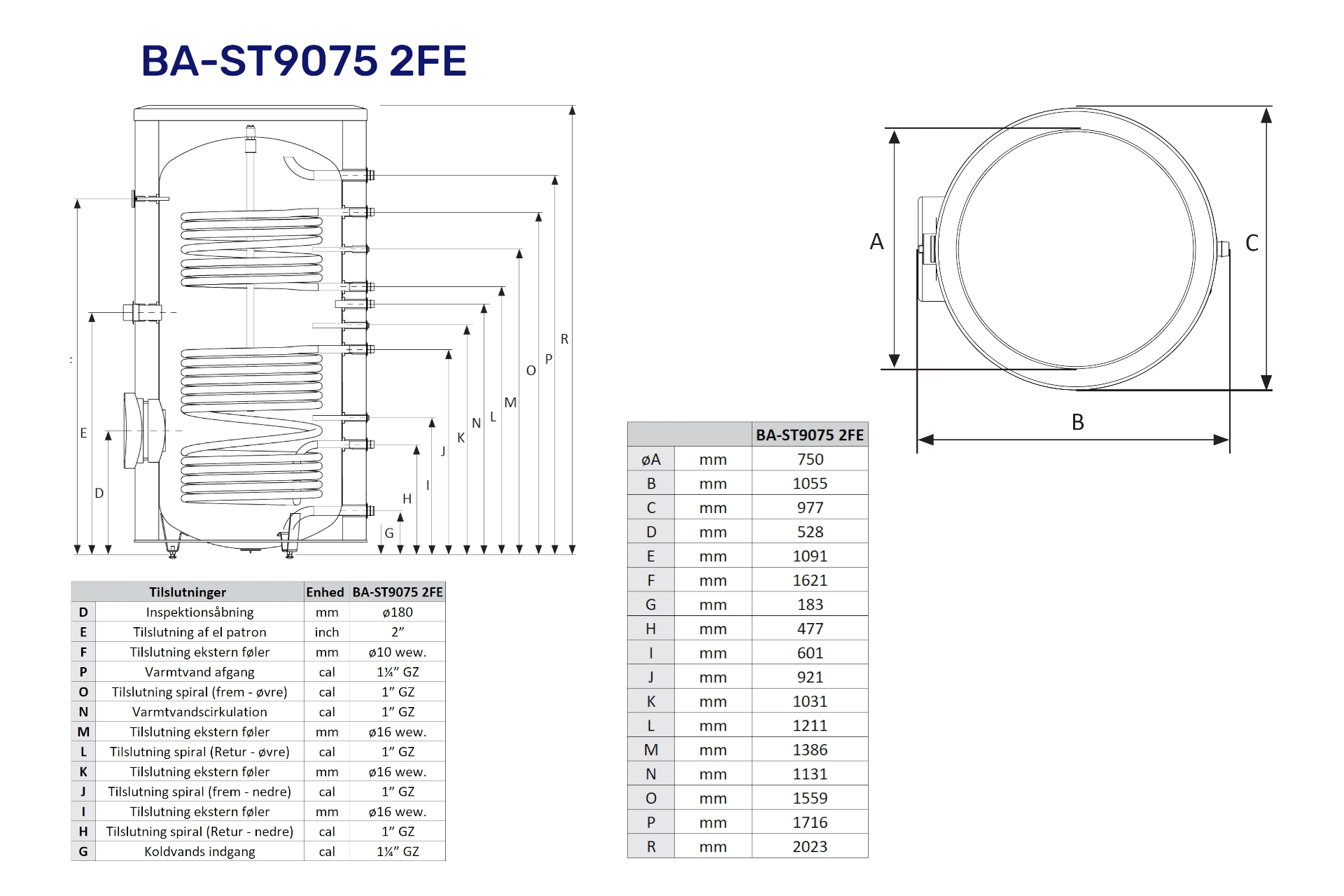 Vølund 750ltr V.V.beholder BA-ST9075 2FE m/2 sprialer f/sol- & centralvarme 080109 (S) - Billede 2