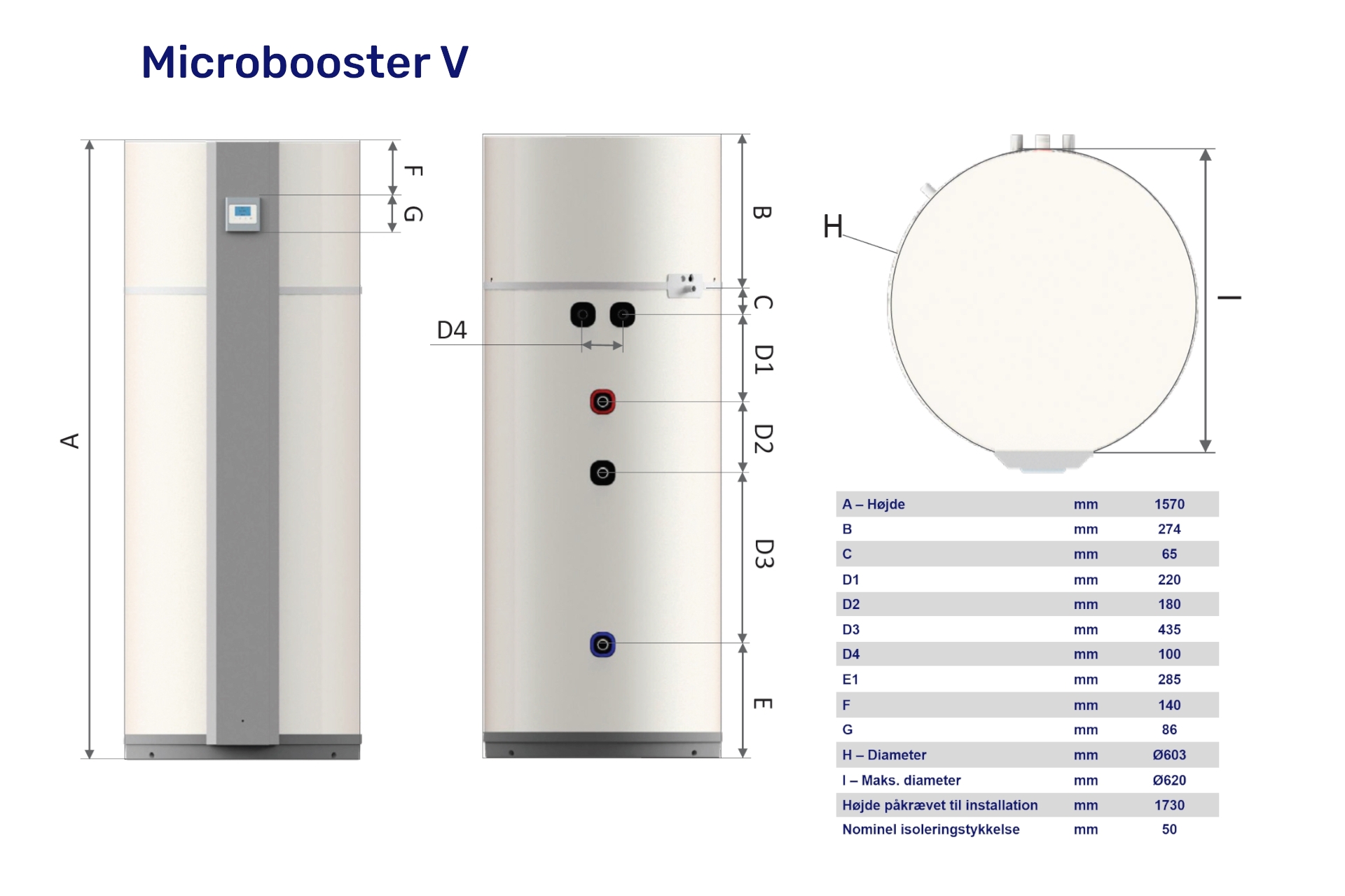 Vølund Microbooster væske/vand brugsvandsvarmepumpe V u/direkte forvarmesprial 190ltr Ø603 x 1570mm 84152 - Billede 2