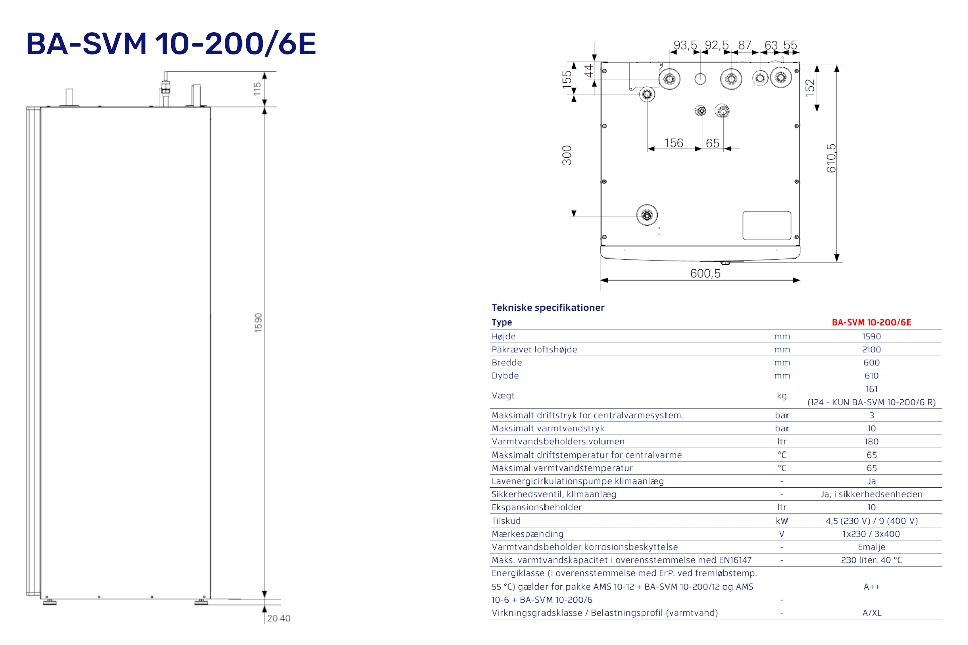 Vølund Split BA-SVM 10-200/6E varmepumpe luft/vand indedel 6KW - Billede 2