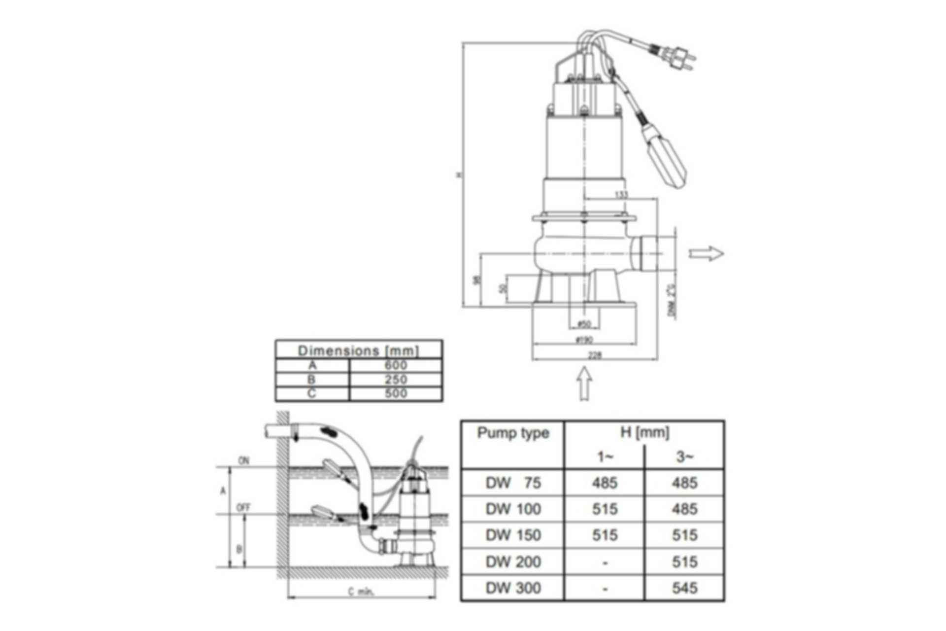 DW VOX 150 spildevandspumpe 220v m/svømmer (max tørstofindhold 4%) 2" nippel afgang - Billede 3