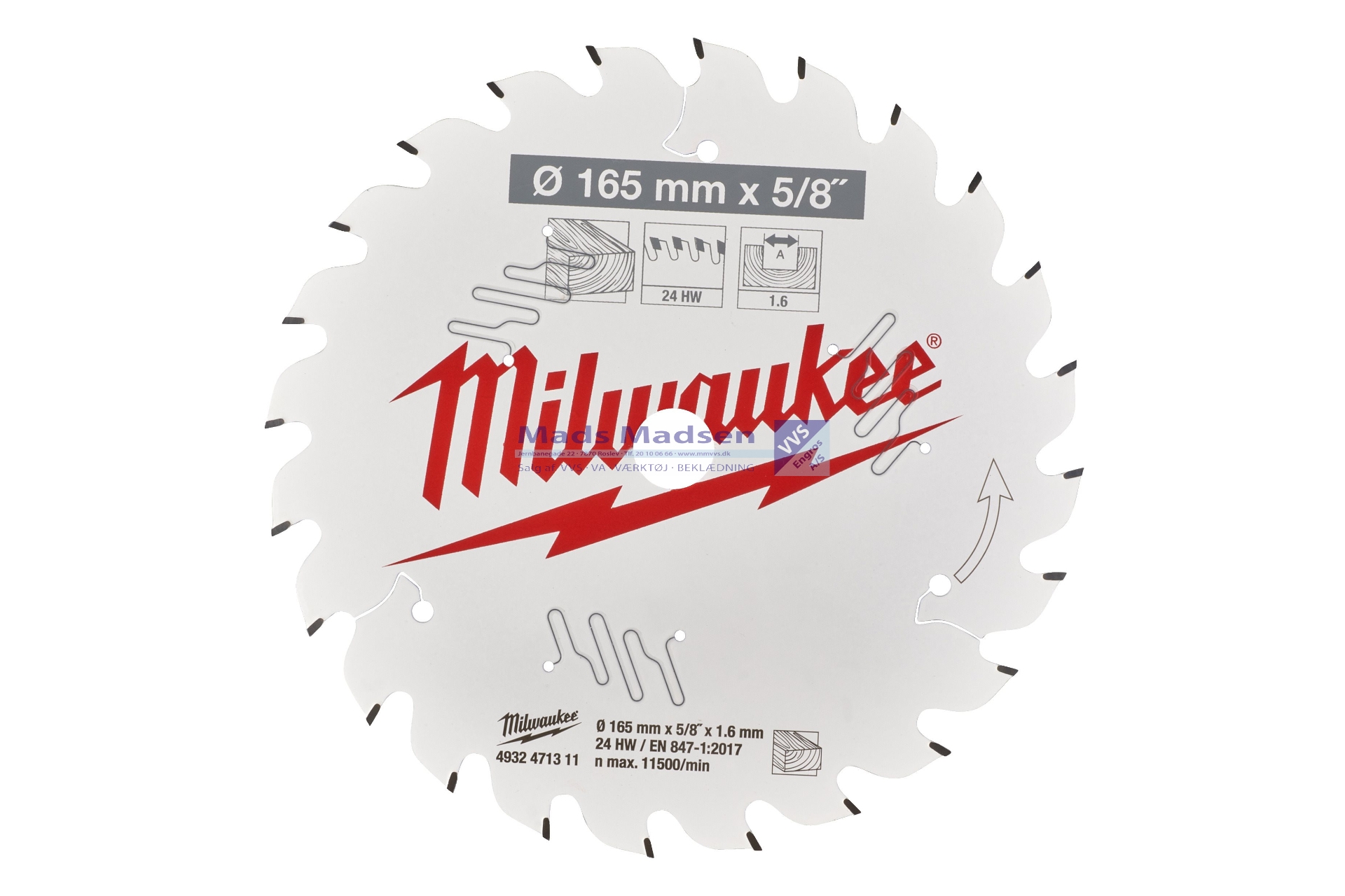 Milwaukee Rundsavklinge 165mm x 1,6 x 24 td. Ø15,8 4932471311*NETTOPRIS*