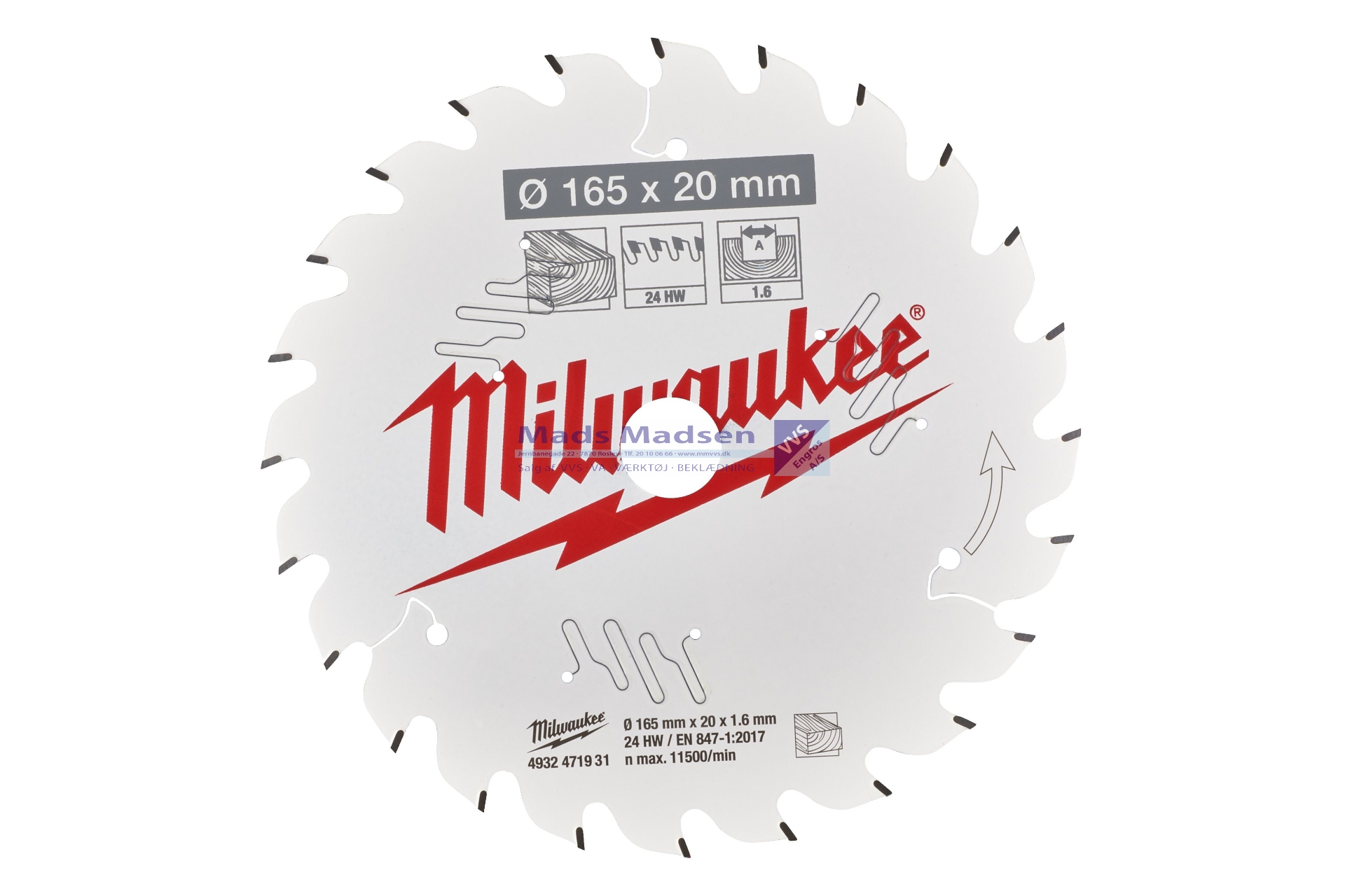 Milwaukee Rundsavklinge 165mm x 1,6 x 24 td. Ø20 4932471931 *NETTOPRIS*