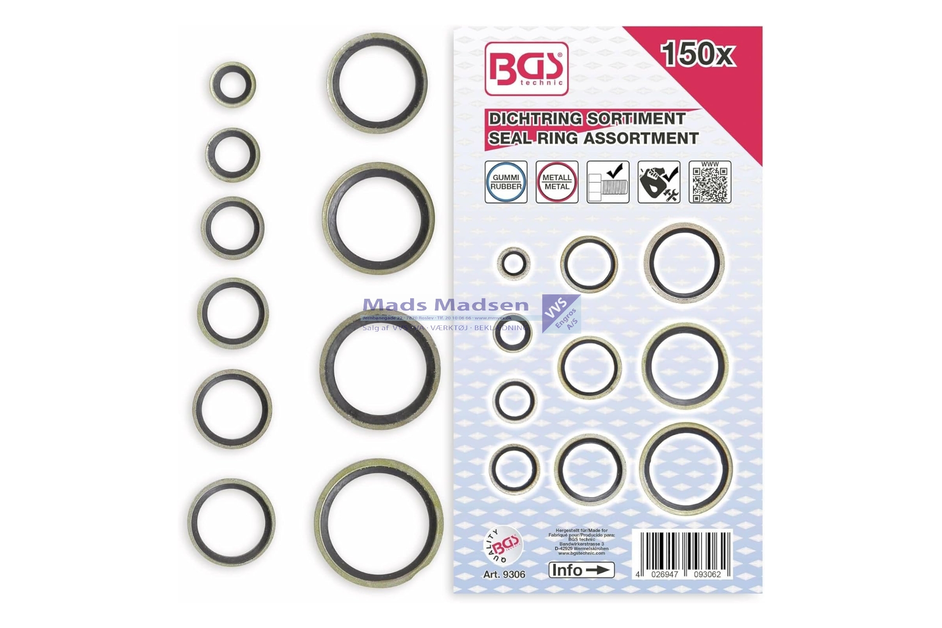 BGS Tætningsskivesortiment metal /gummi 6-24mm 150 dele *NETTOPRIS*