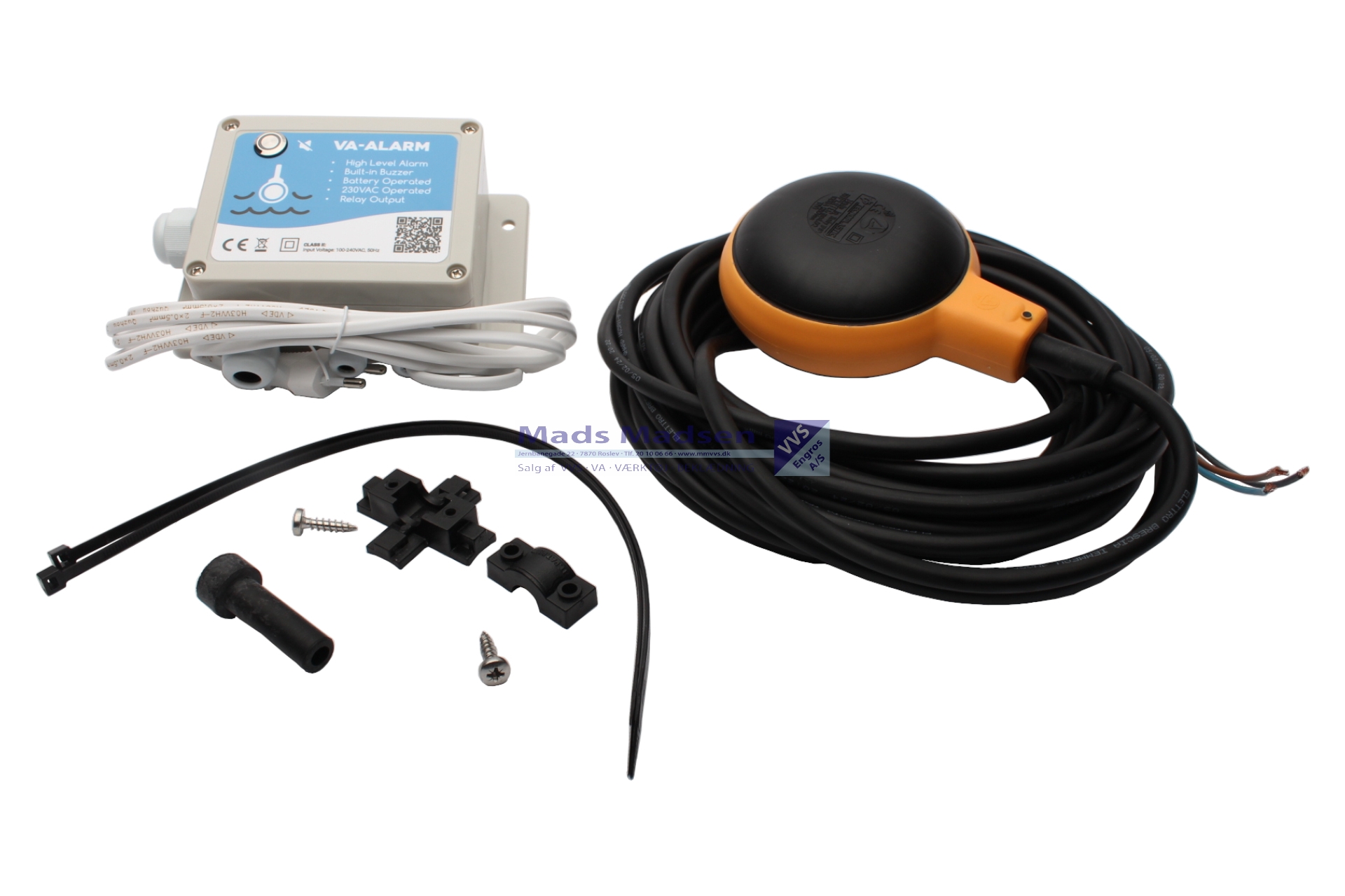 VA-alarm, 230 volt m/alarm-blink og batteri backup inkl. relæ til CTS/GSM tilslutning, Supertec nivieauvippe H05 kabel og clips t/niveauvippe H05 (10352341+10352375+10352370)