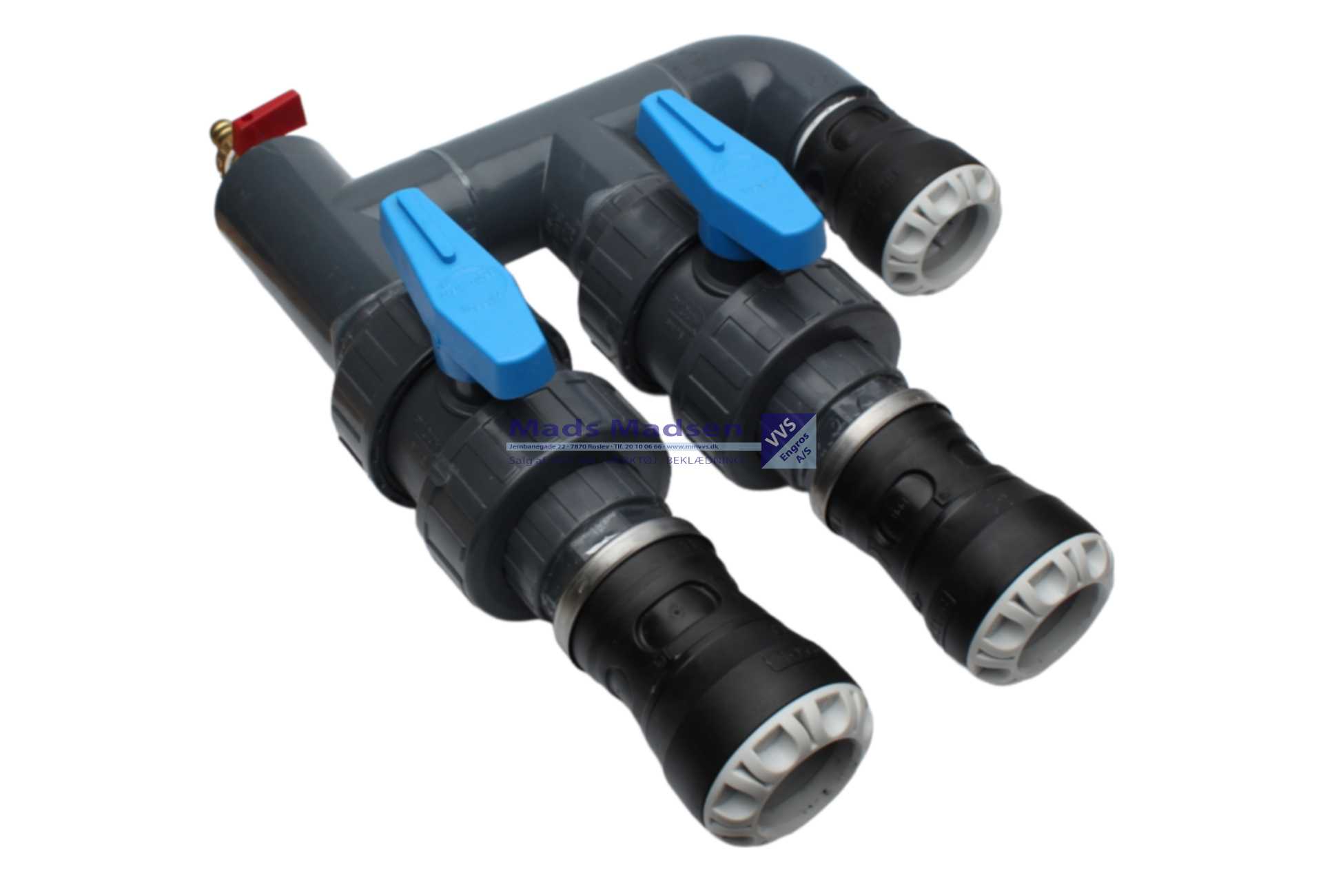 MM jordvarme manifold 2 x 40mm Plasson push-in m/kuglehaner & tilgang 40mm Plasson push-in