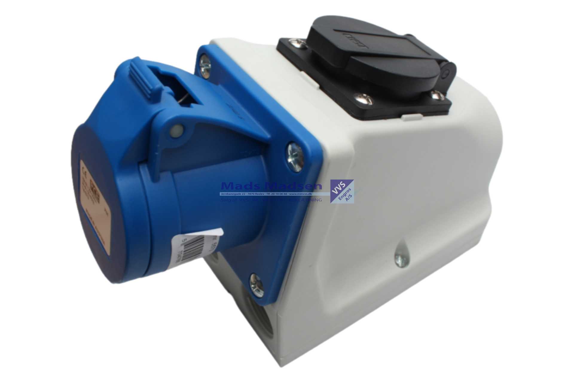 Combi CEE vægudtag. 16A/3P/230V CEE stik + 16A/250V DK stik m/jord. *NETTOPRIS*