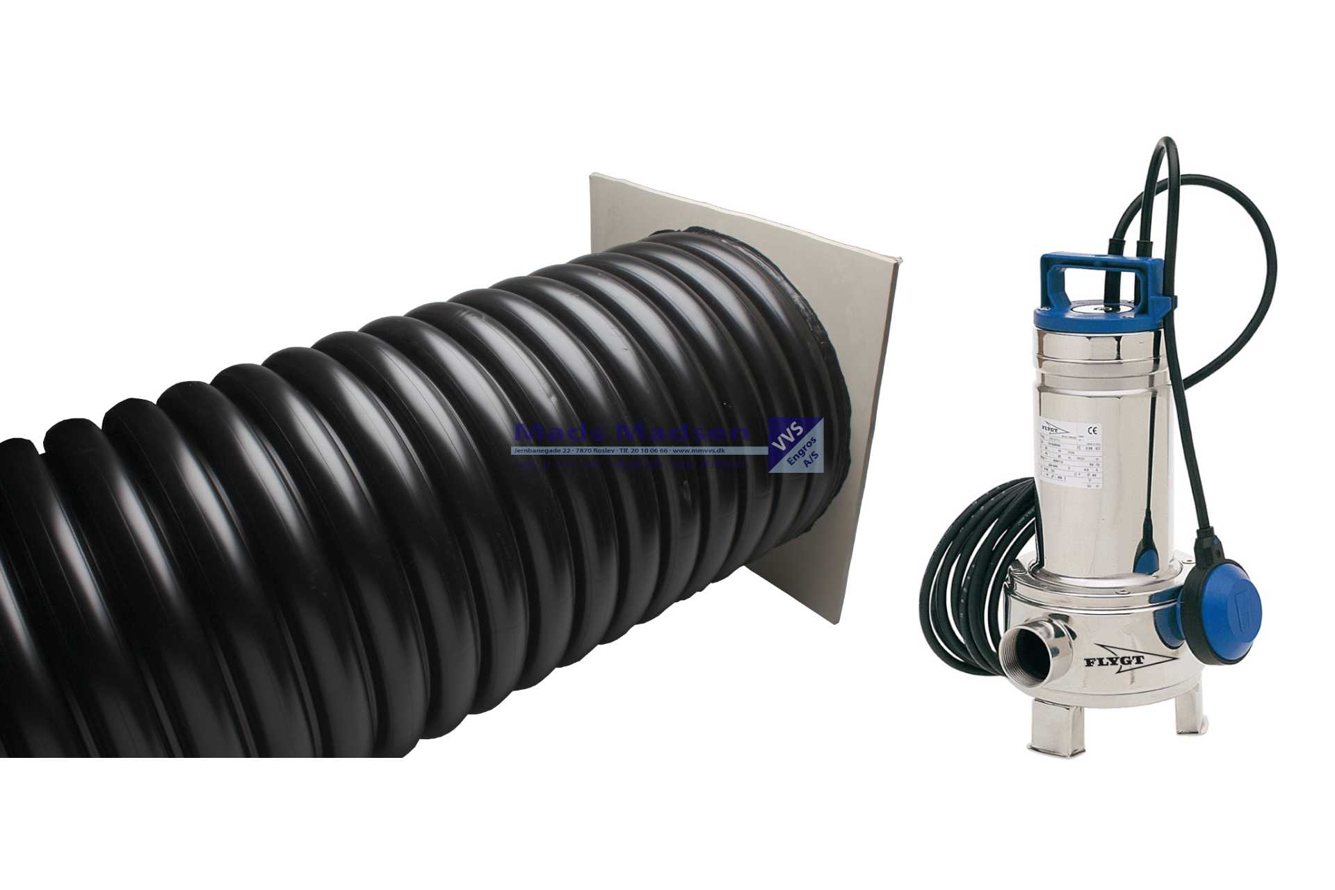 Flow-Drain Pumpebrønd for gråt spildevand Ø600 x 4000mm m/Flygt DXM 35-5 pumpe komplet løsning med opdriftsikret bundplade og "lugtfri" dæksel. Incl rørføring med klapkontraventil og snapkobling, samt løse påboringsmanchetter både for Ø110mm indløb og Ø50mm udløb. Rustfri wire monteret på pumpen.