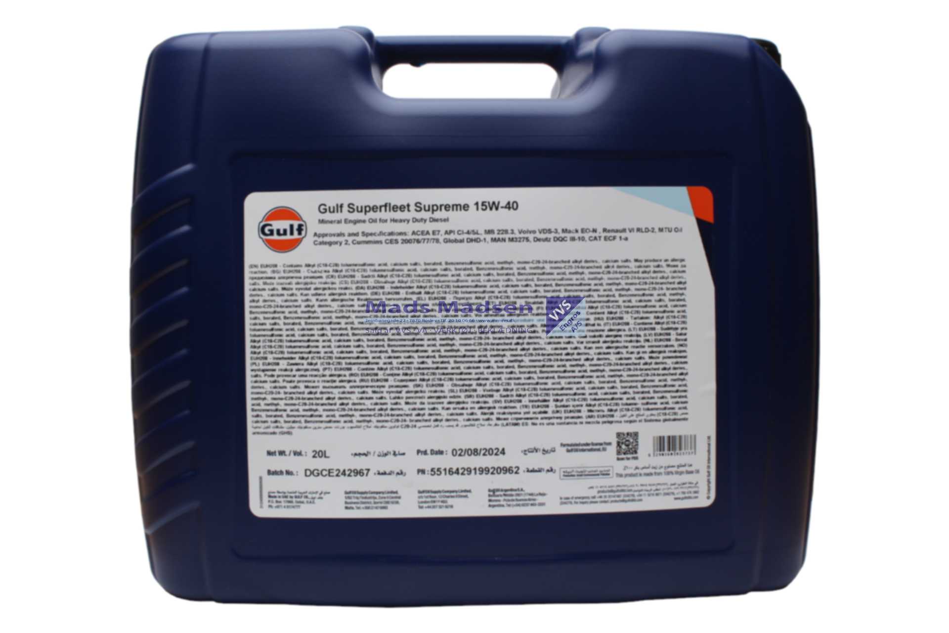 GULF Superfleet Supreme 10W-40 Halvsyntetisk Motorolie ACEA E7 20 liter til lastbiler m./ EGR og ECR systemer (incl. afgift) *NETTOPRIS*