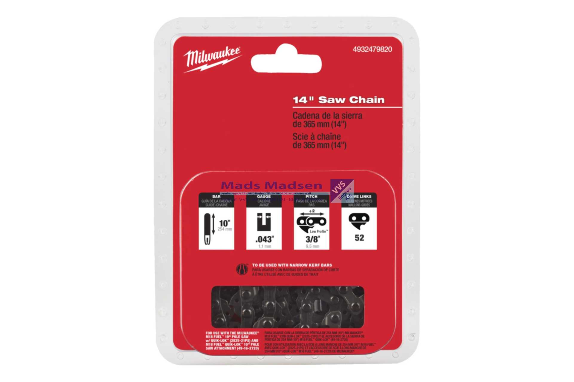 Milwaukee Motorsavskæde 35 cm. til M18 FCHS35 kædesav 3/8" x 1,1mm 4932479820 *NETTOPRIS*