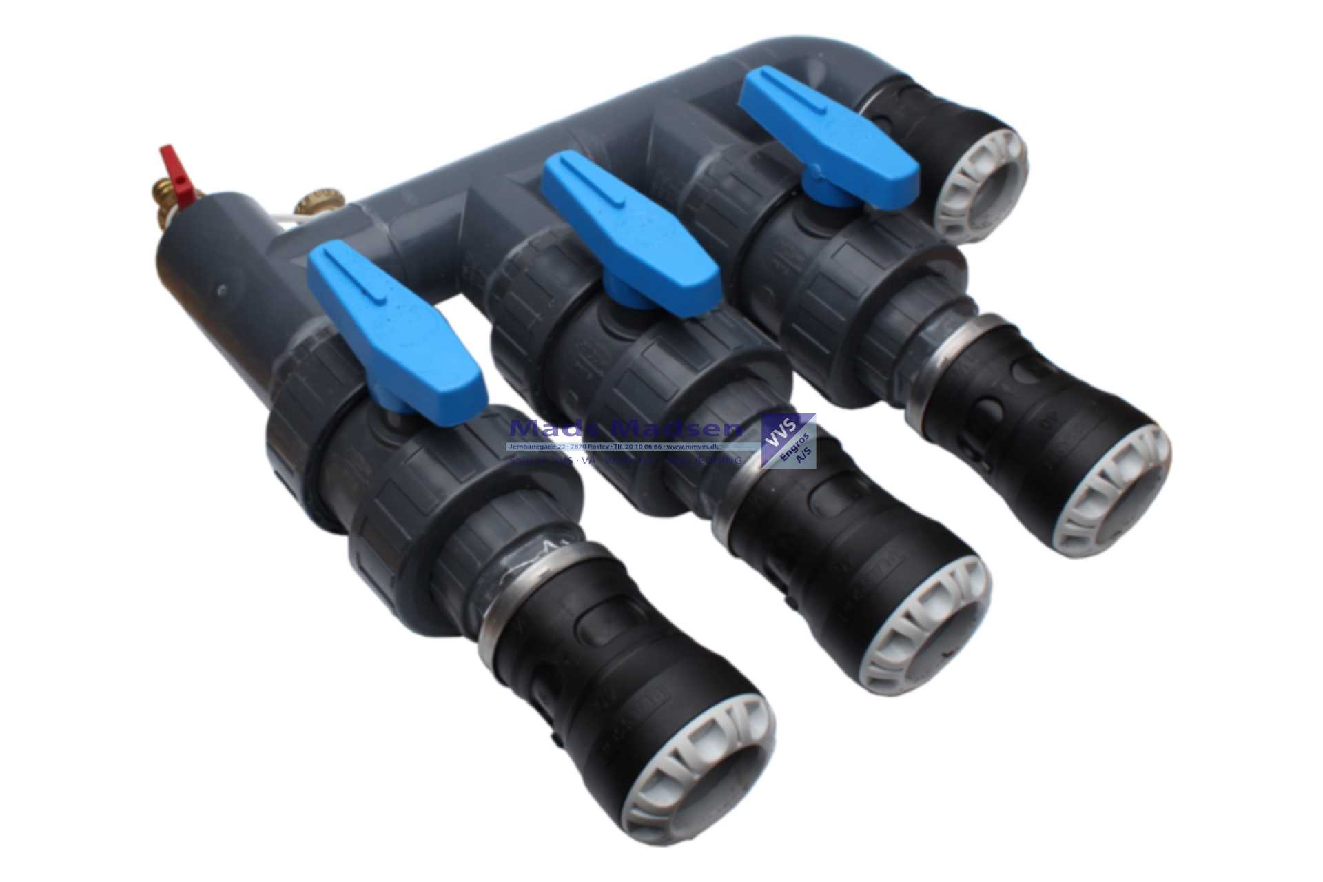 Flow-Heat jordvarme manifold 3 x 40mm Plasson push-in m/kuglehaner & tilgang 40mm Plasson push-in