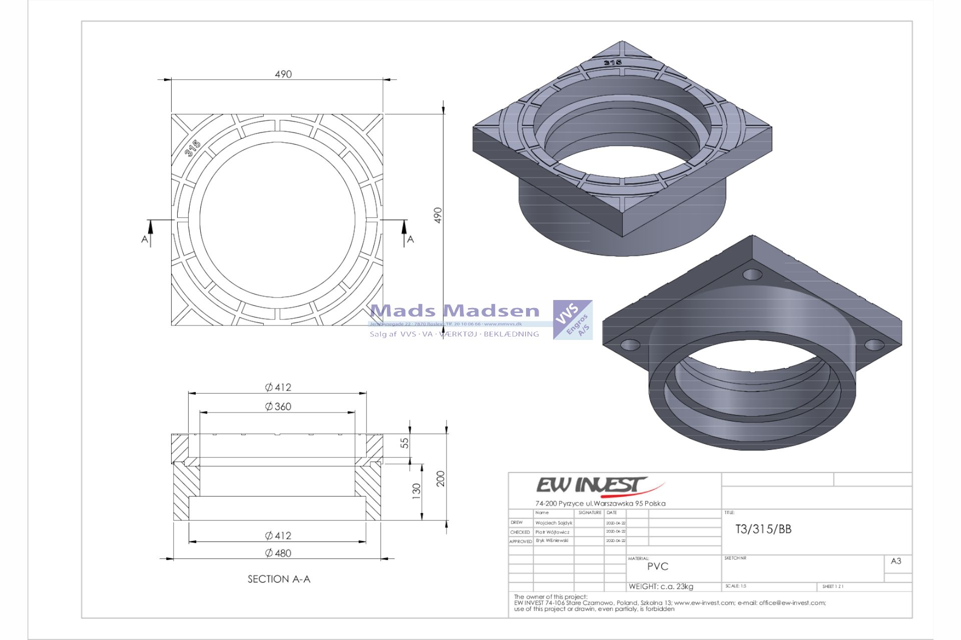 315mm universal PVC-genbrugsplast kegle med fals og dæksel 12,5T - Billede 3