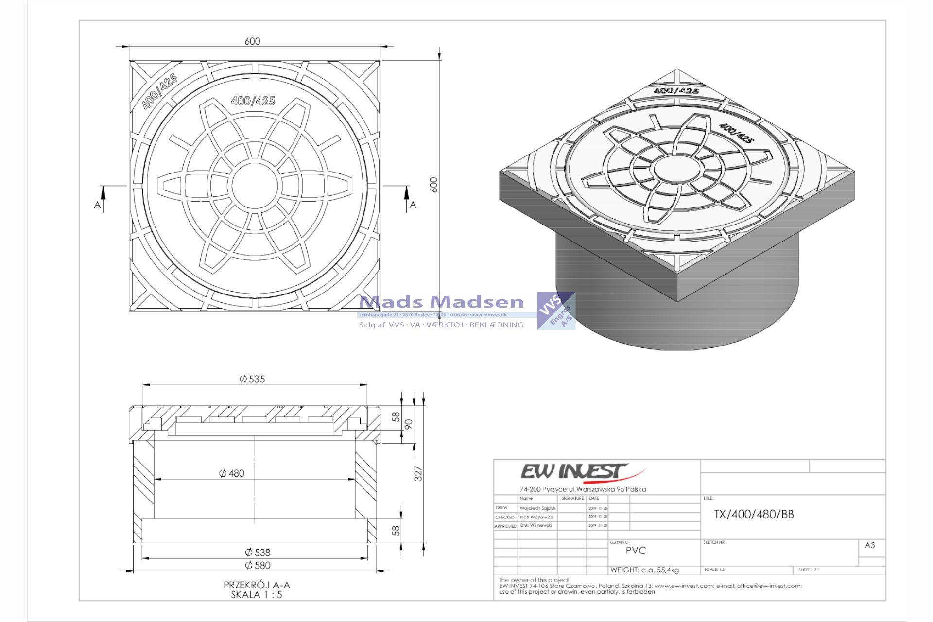 425mm universal PVC-genbrugsplast kegle med fals og dæksel 12,5T - Billede 3