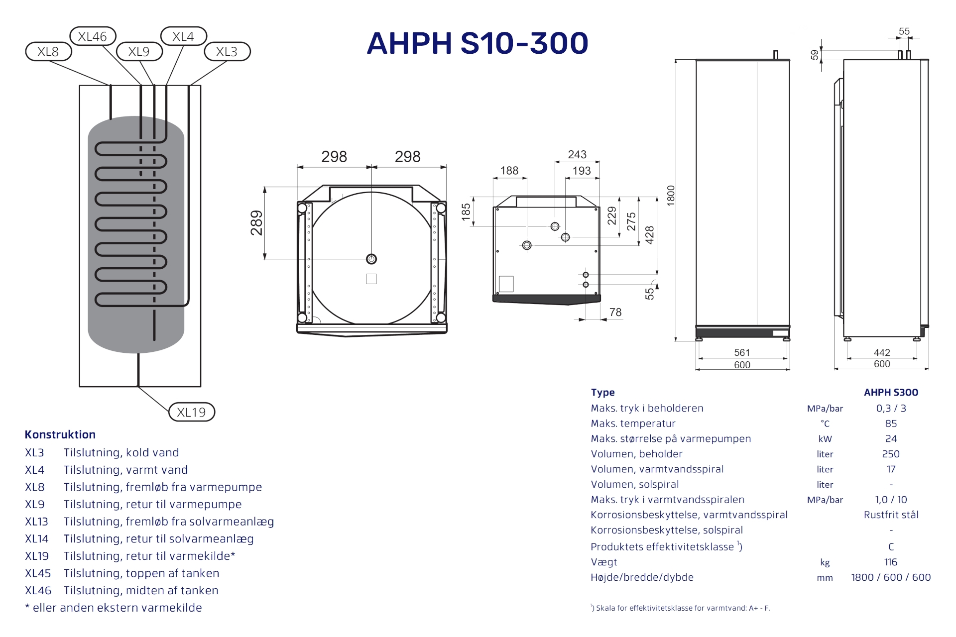 Vølund varmepumpebeholder AHPH S10-300 max. 24kw 080137 (S) - Billede 2