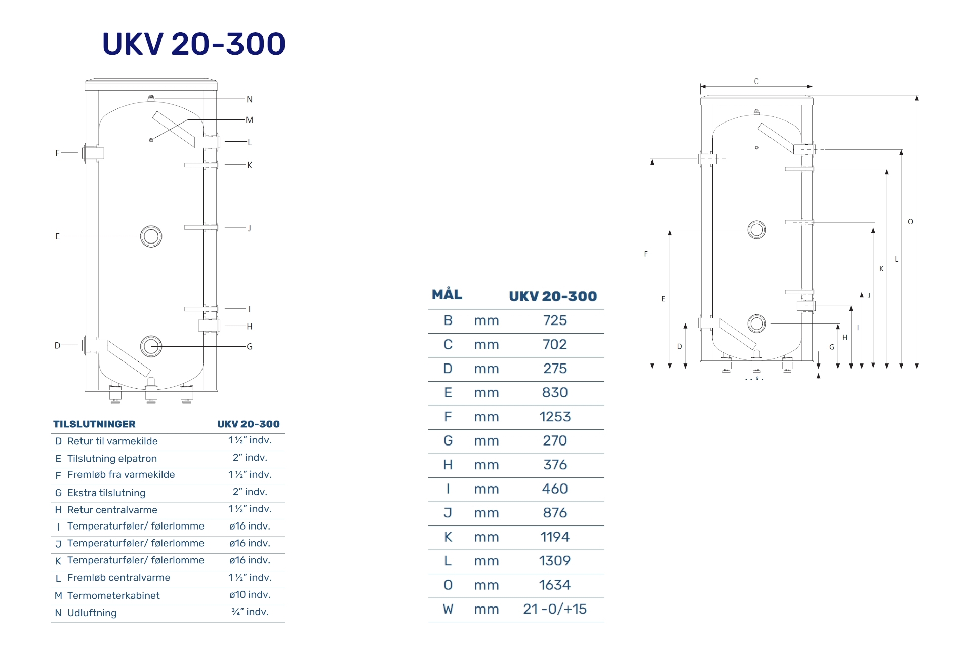 Vølund UKV 20-300 buffebeholder r m/4 x 1 1/2" indv. studser & 2 x 2" indv studs til elpatron eller eks. tilslutning 080013 - Billede 2