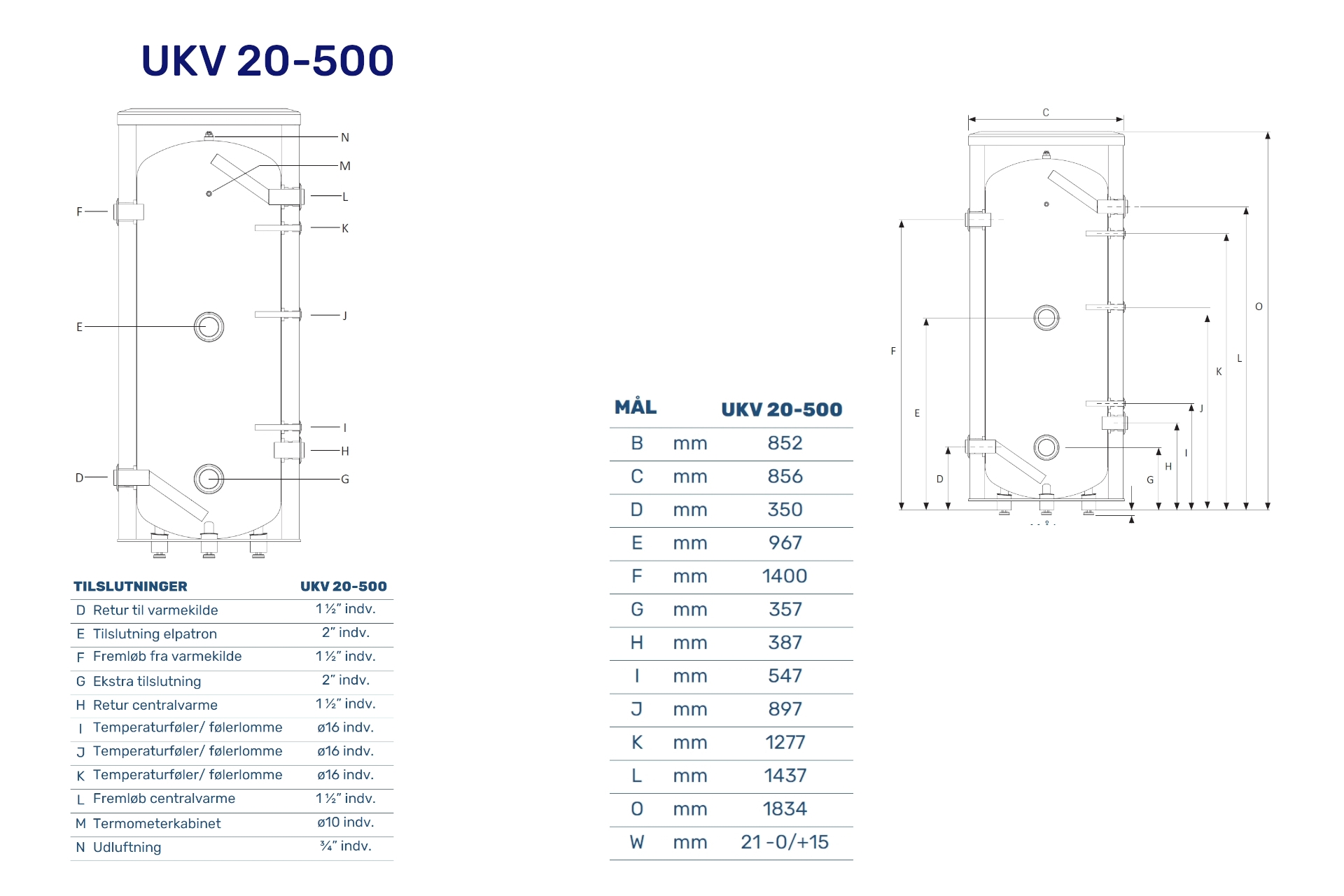 Vølund UKV 20-500 buffebeholder r m/4 x 1 1/2" indv. studser & 2 x 2" indv studs til elpatron eller eks. tilslutning 080014 - Billede 2