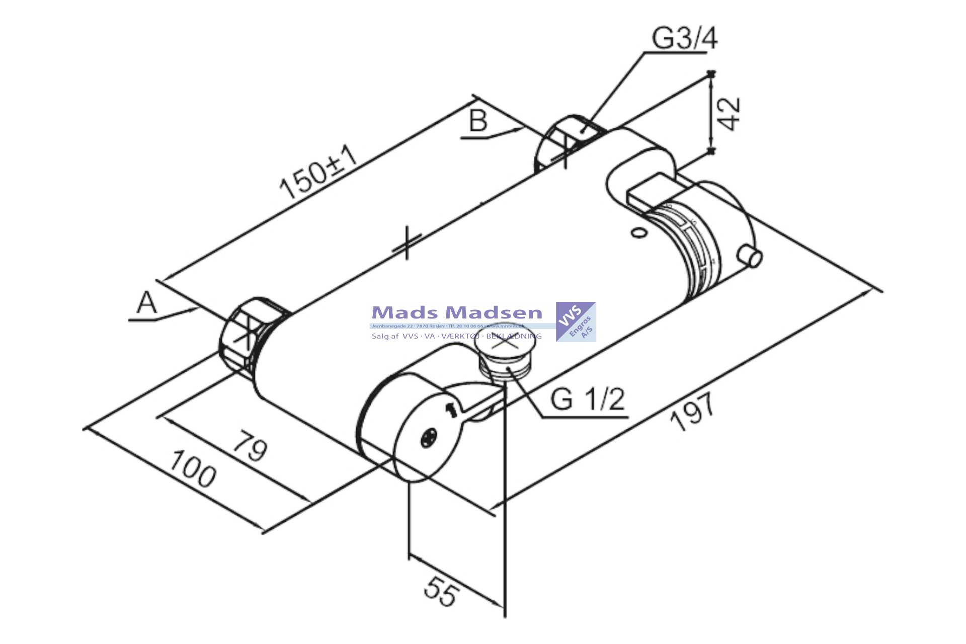 Damixa TMC termostatarmatur, 2-greb, Med 3/4" omløbere og 1/2" tilslutningsstuds for håndbruser. Sorte greb. - Billede 2