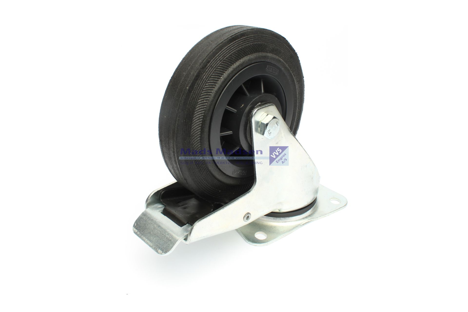 125mm Sorte gummihjul med rulleleje med drejelig plade med bremse højde 154mm 100 kg. 6712728