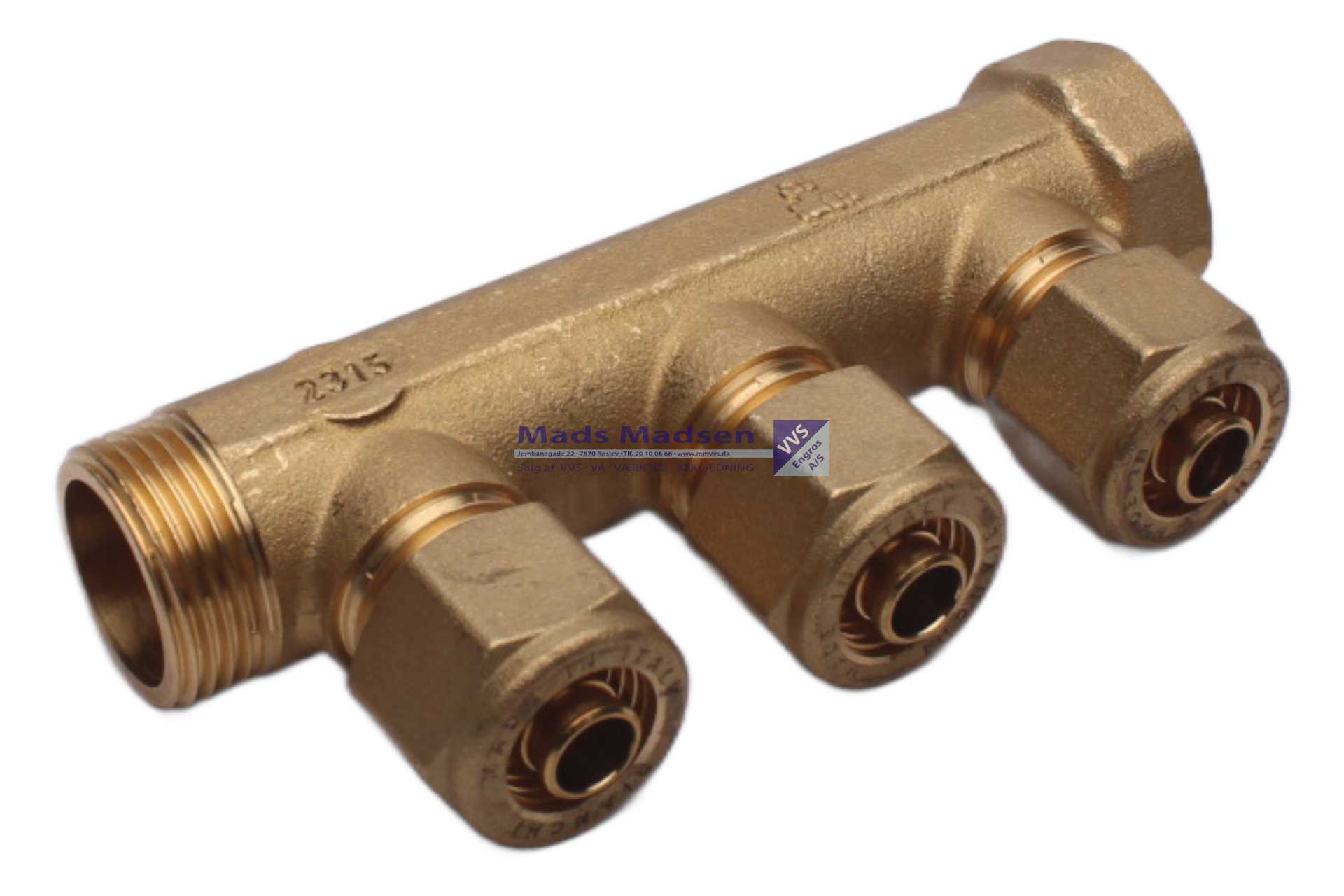 3/4" x 1/2" fordelerrør 3 afg incl. 15mm omløbersæt