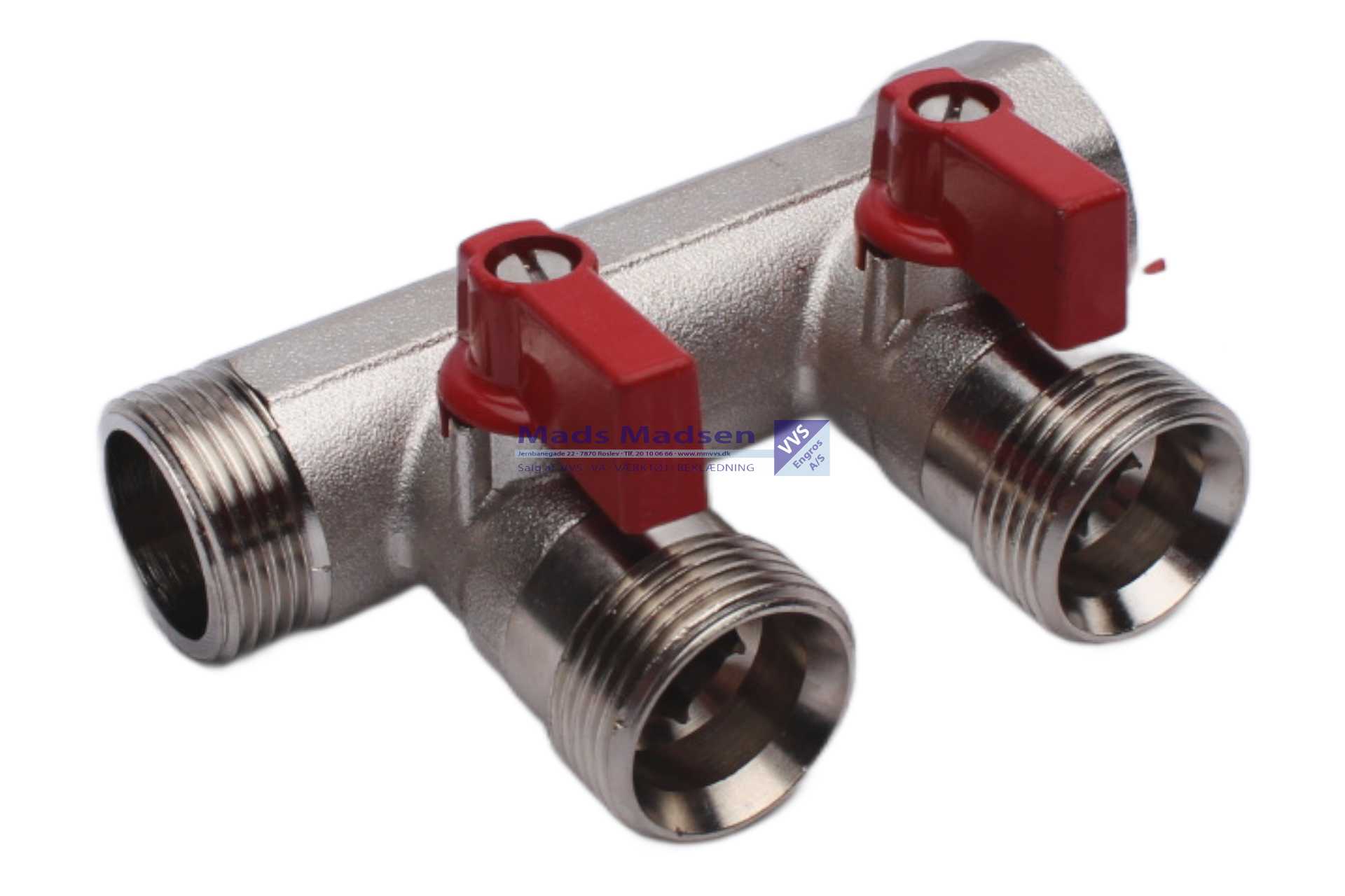 3/4" x 3/4" fordelerrør 2 afg m/kuglehane rød greb eksl.omløbersæt KUN TIL VARME