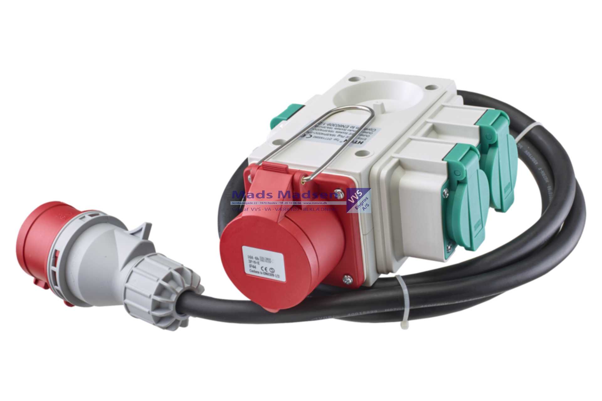 CEE Forgrenerboks 400V/16A ind / 3 x 220V DK ud + 1 x 400V/16A ud - 2,2 mtr. kabel *NETTOPRIS*