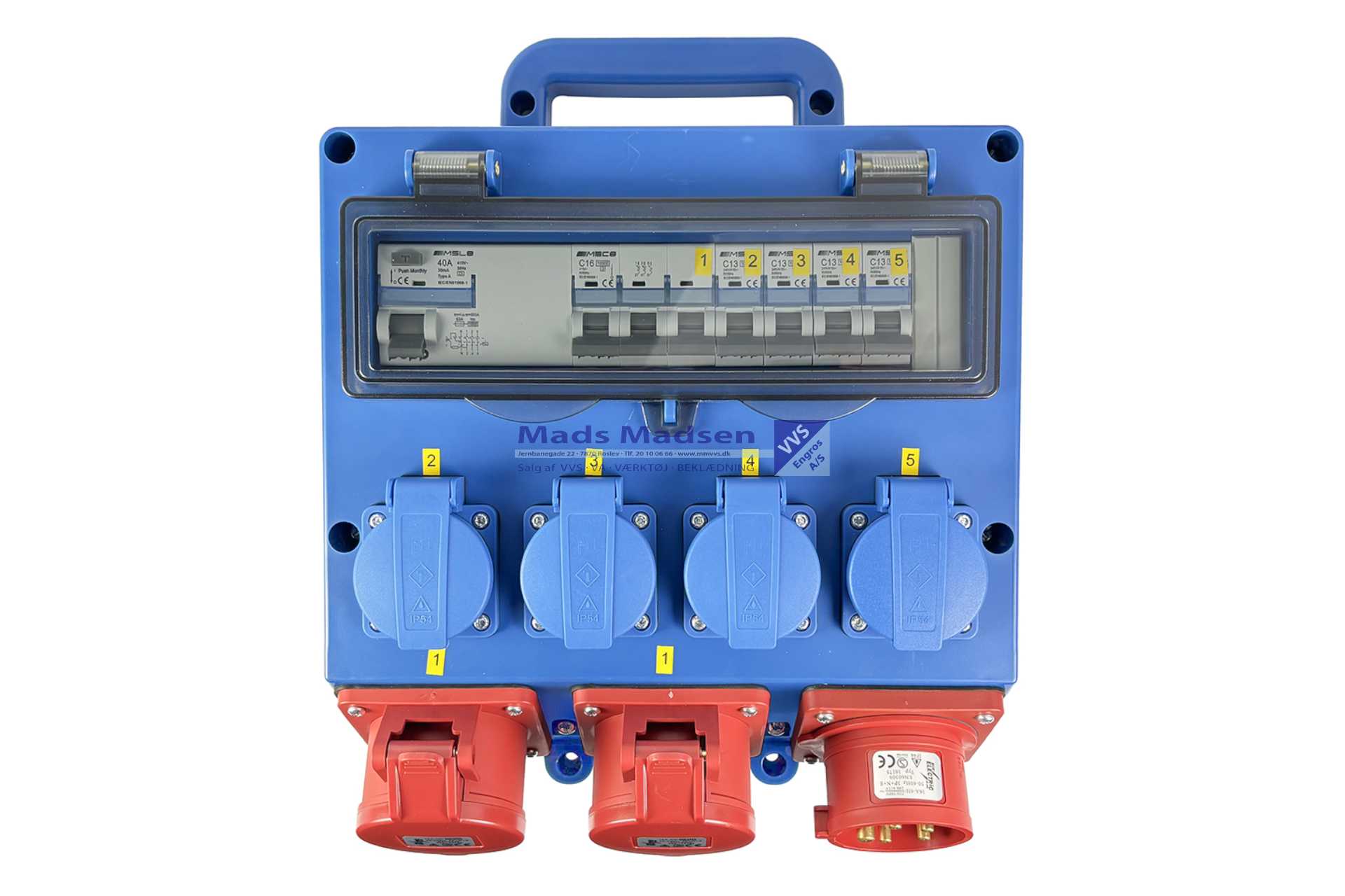 Blue Electric Byggepladstavle 16 Amp. 6 udtag 4 x 230V + 2 x 400V *NETTOPRIS*